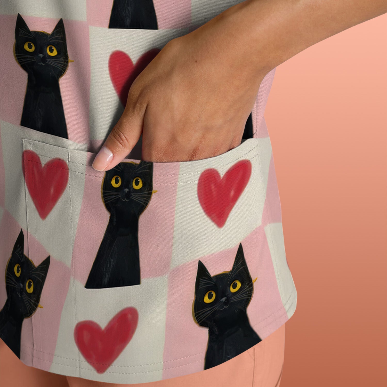 Cute Black Cat Heart Print V Neck Nursing Scrub Top, Comfortable Medical Uniform