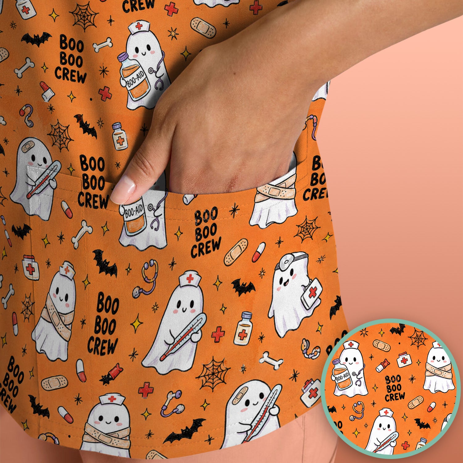 Cute Halloween Boo Boo Crew Ghost Scrub Top, Comfortable Scrubs for Nurses