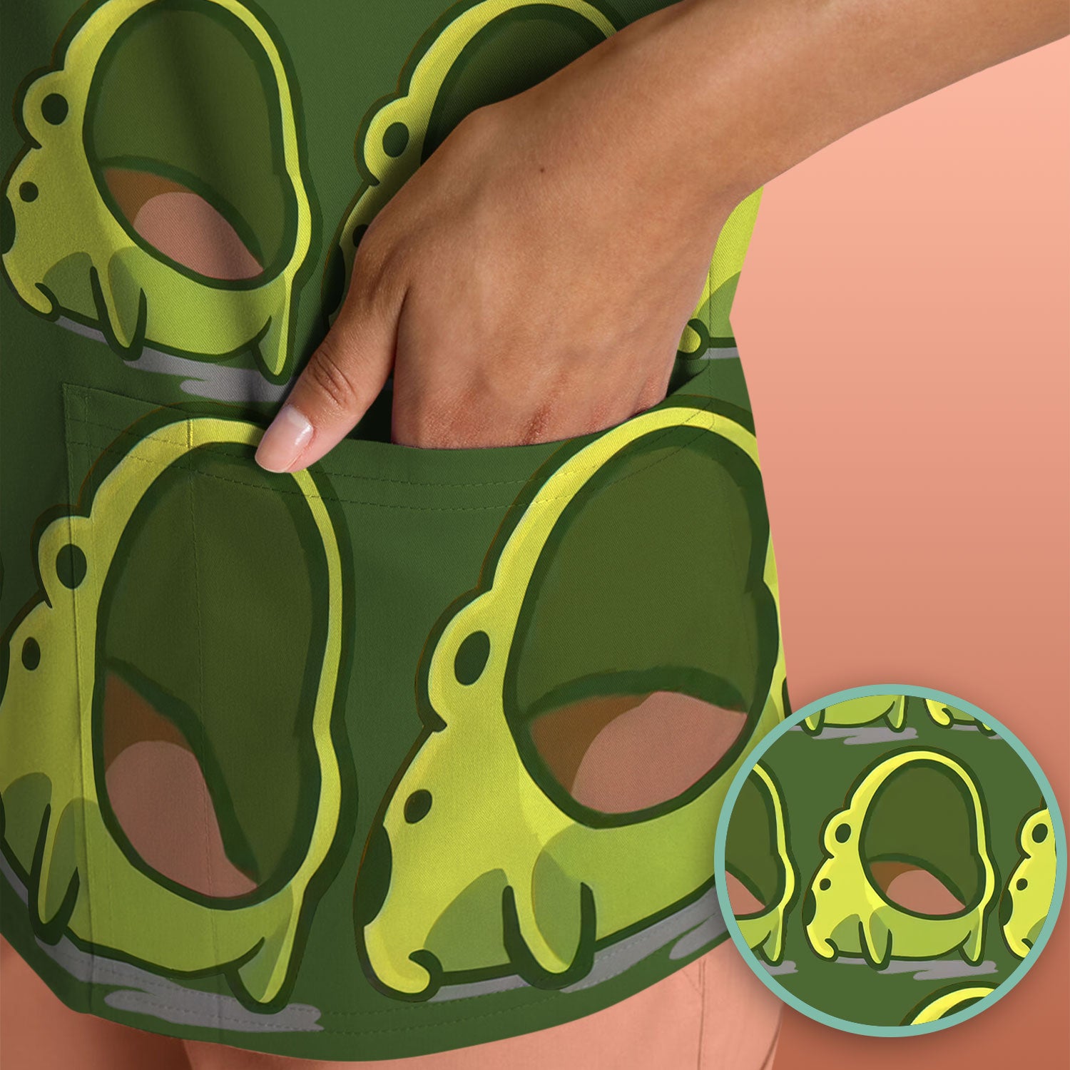 Cute Green Frog Cartoon Pattern Scrub Top, Breathable Fabrics Nursing Uniform