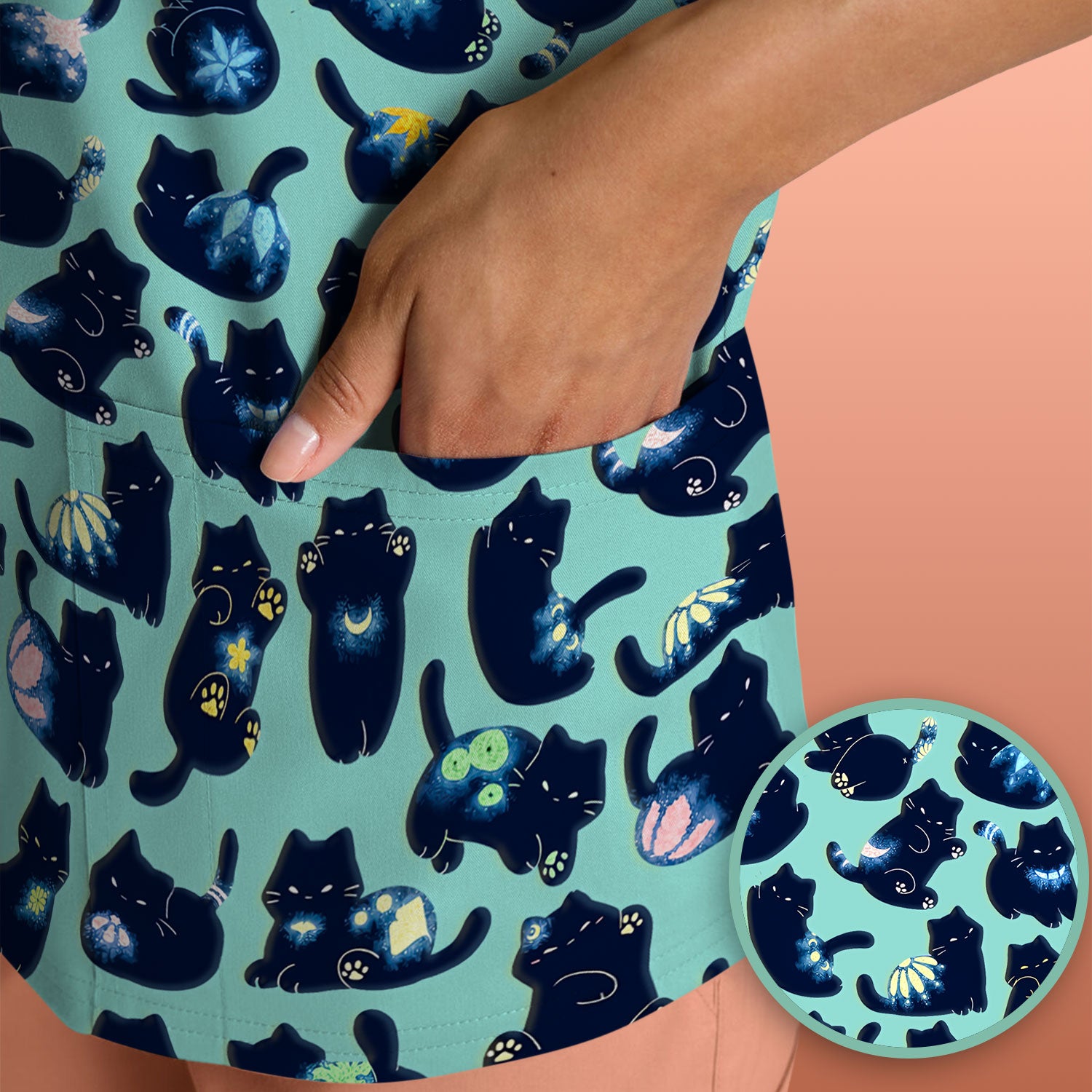 Midnight Cat Scrub Top, Black Cat Pattern Nurse Shirt, Breathable Fabrics Nursing Uniform