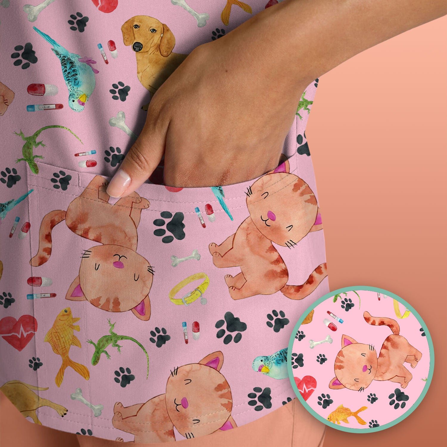 Cat Dog Veterinary Scrub Top - Cute Animal Paw Print Medical Shirt - Adorable Nurse Scrubs for Women RN CNA Vet Tech
