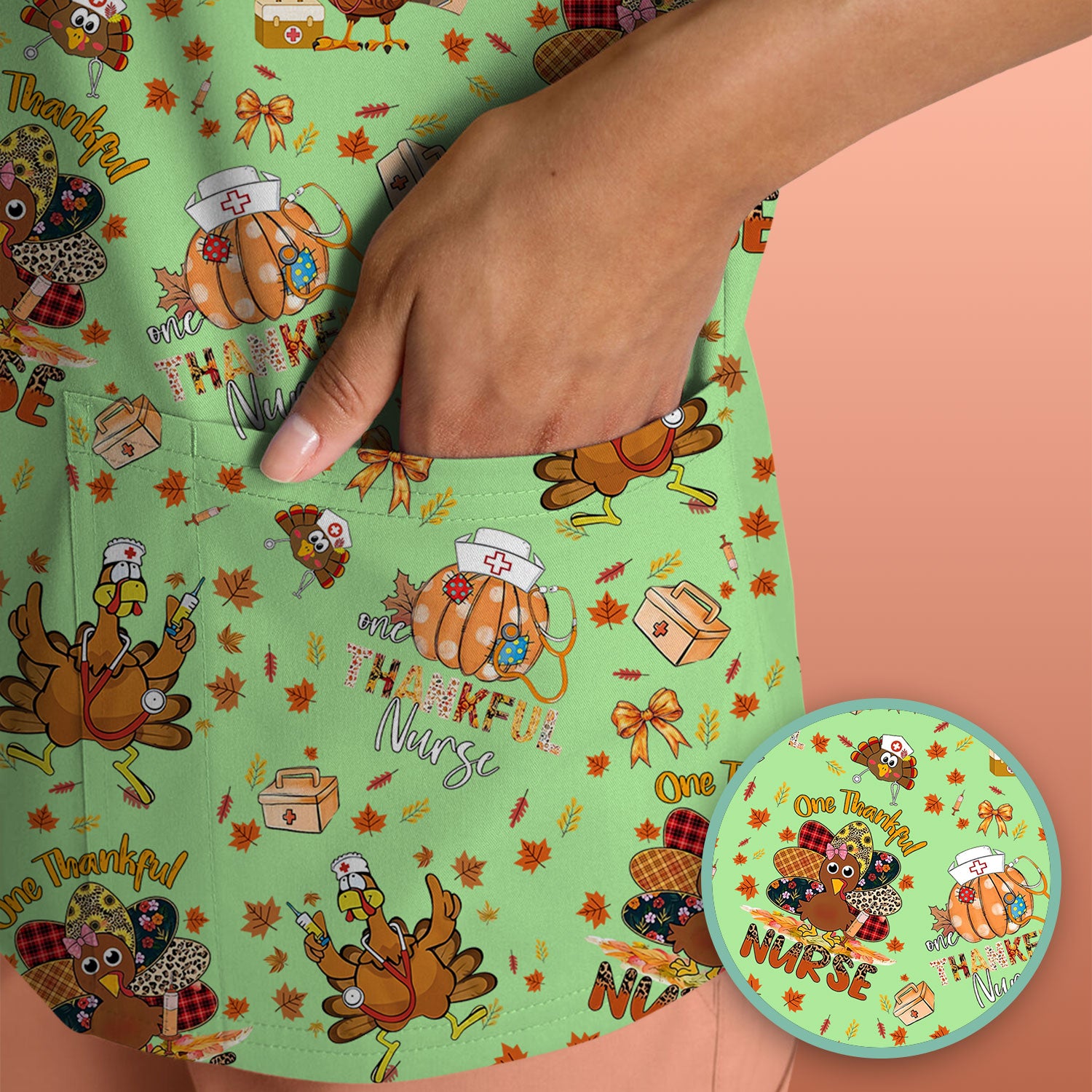 Thanksgiving Nurse Fall Scrub Top for Women - Cute Turkey and Pumpkin Shirt - Autumn Medical Shirt Gift for RN CNA LPN Doctor