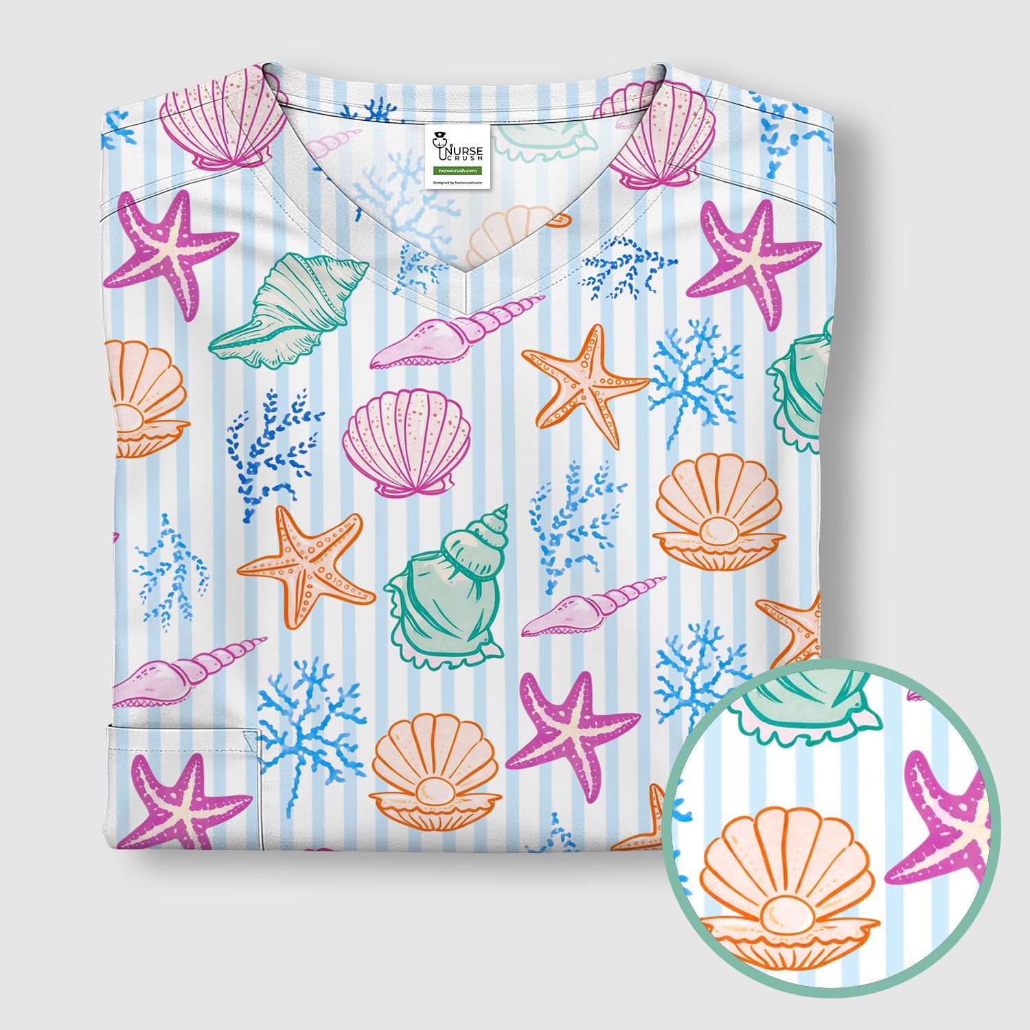 Colorful Seashell Starfish Ocean Stripe Pattern Scrub Top, Breathable Fabrics Nursing Uniform