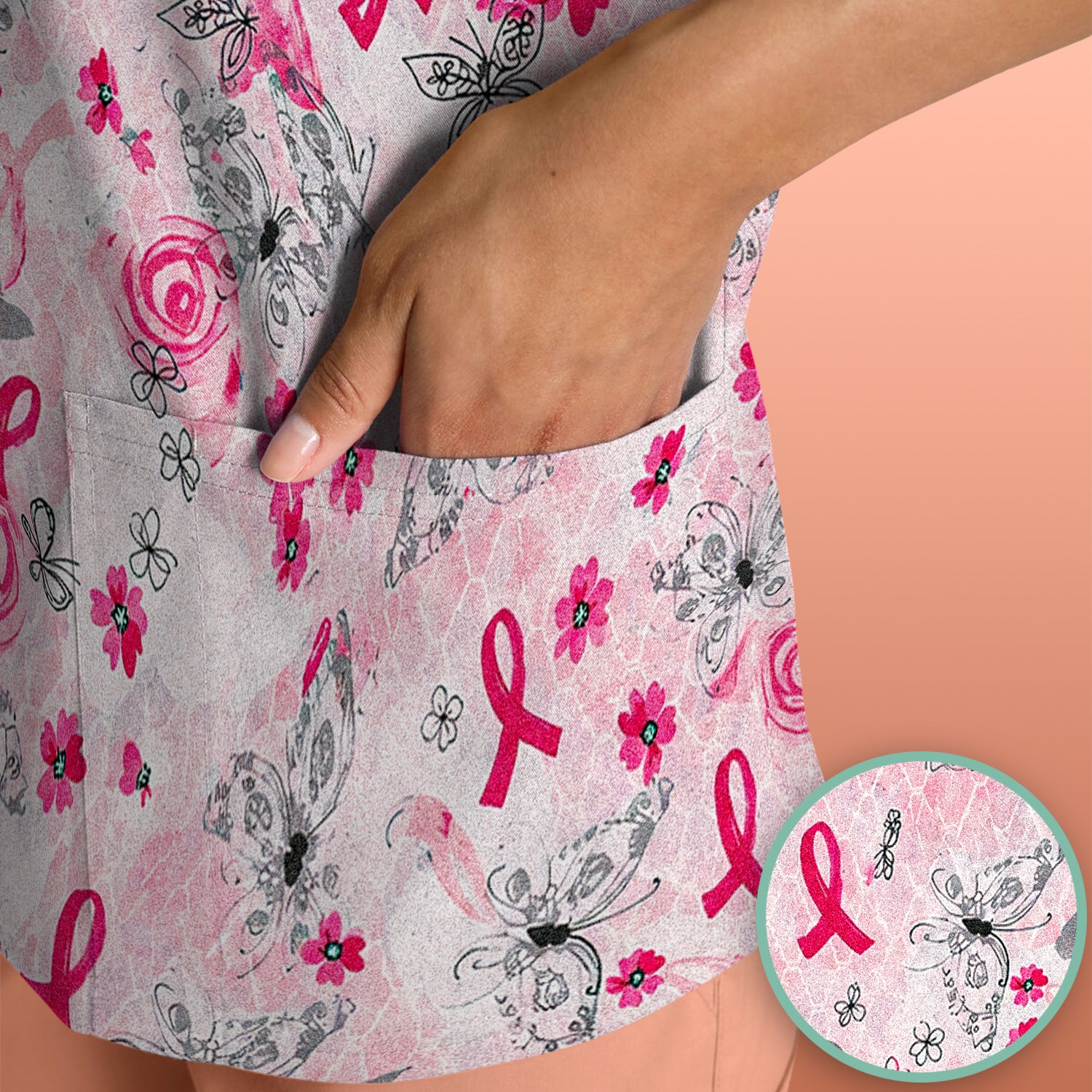 Breast Cancer Awareness Butterfly Floral Scrub Top, Comfortable Scrubs for Nurses