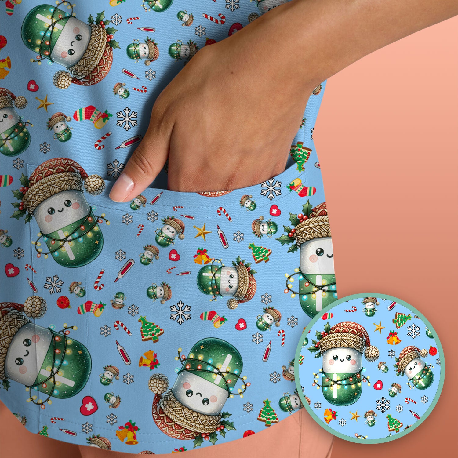 Pharmacy Tech Christmas Scrub Top – Cute Green Snowman Print Nurse Outfit – Funny Holiday Medical Uniform for Pharmacists