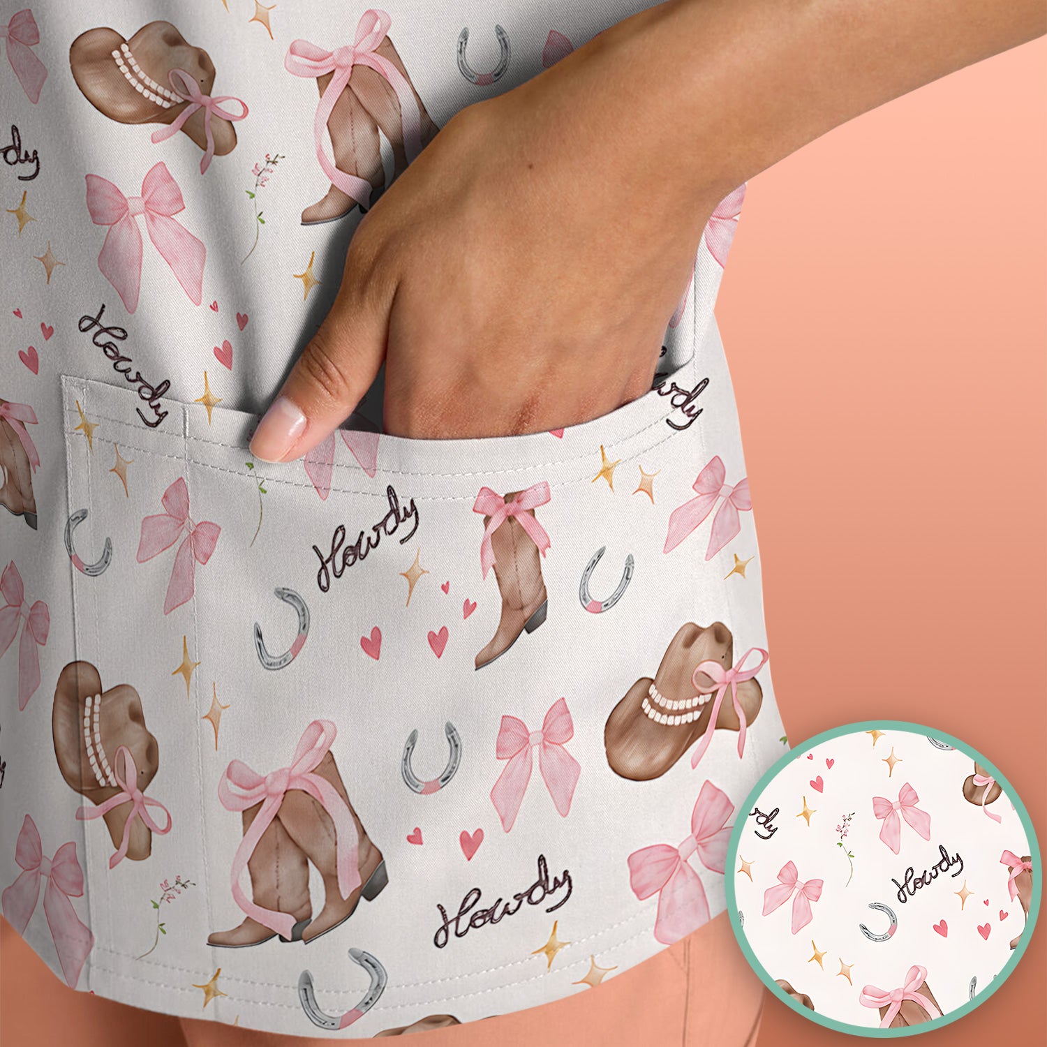 Cute Pink Cowgirl Boots Pattern Scrub Top, Comfortable Scrubs for Nurses