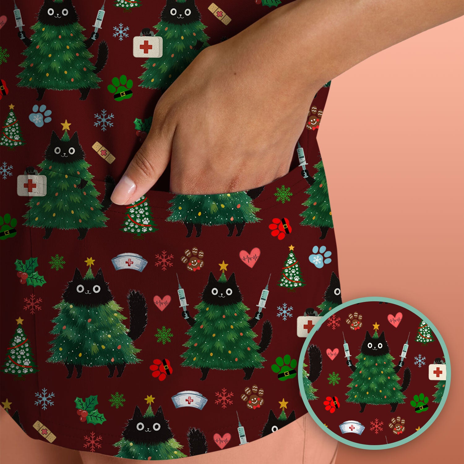 Christmas Nurse Scrub Top, Xmas Black Cat Pattern Nurse Shirt,  Breathable Fabrics Nursing Uniform