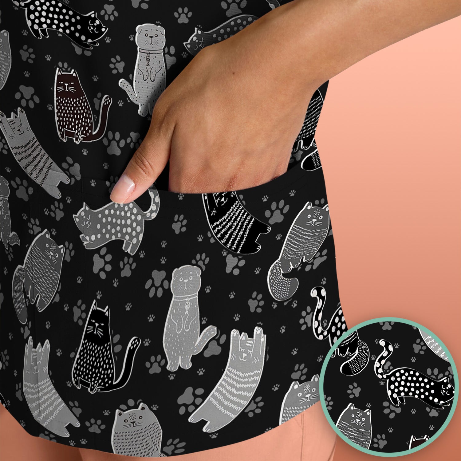 Cute Cat and Paw Print Pattern Scrub Top, Breathable Fabrics Nursing Uniform