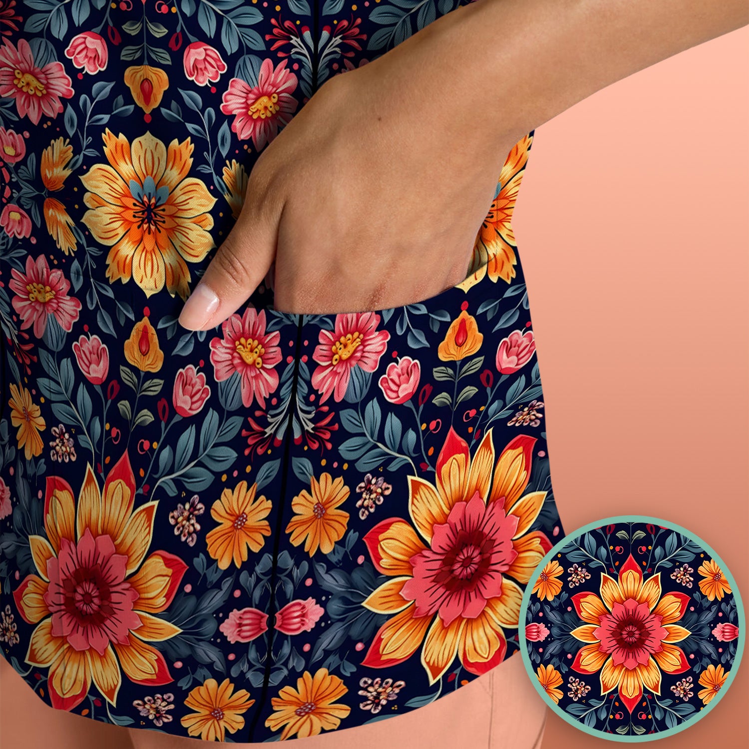 Elegant Dark Floral Pattern Scrub Top, Comfortable Scrubs for Nurses