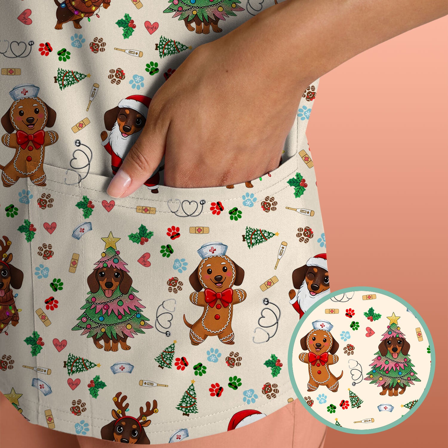 Wiener Dog Christmas Scrub Top – Funny Dachshund Pattern Medical Shirt – Festive Holiday Uniform for RN, LPN, CNA, and Vet Techs
