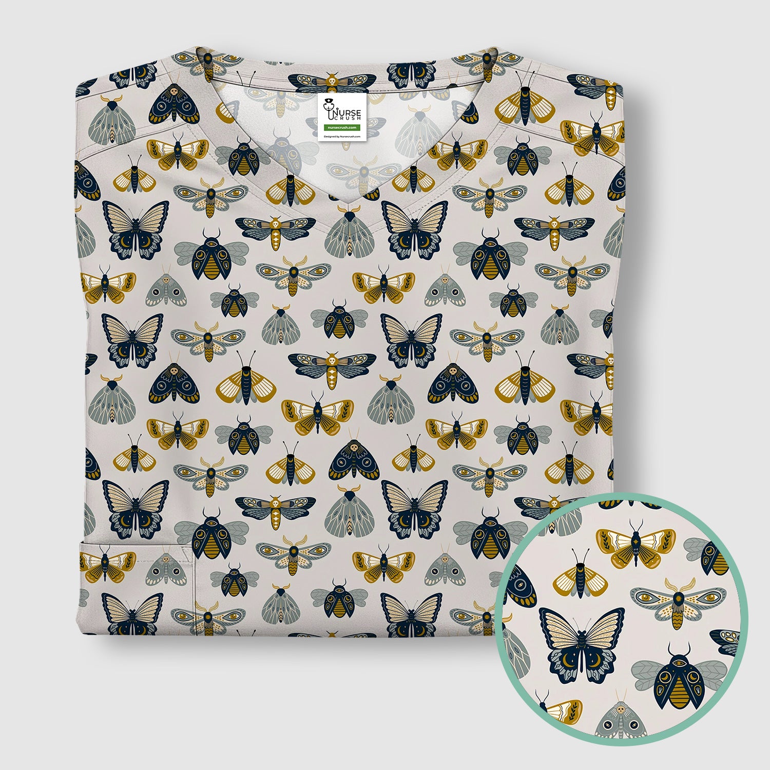 Vintage Butterfly Moth Insect Pattern Scrub Top, Comfortable Scrubs for Nurses