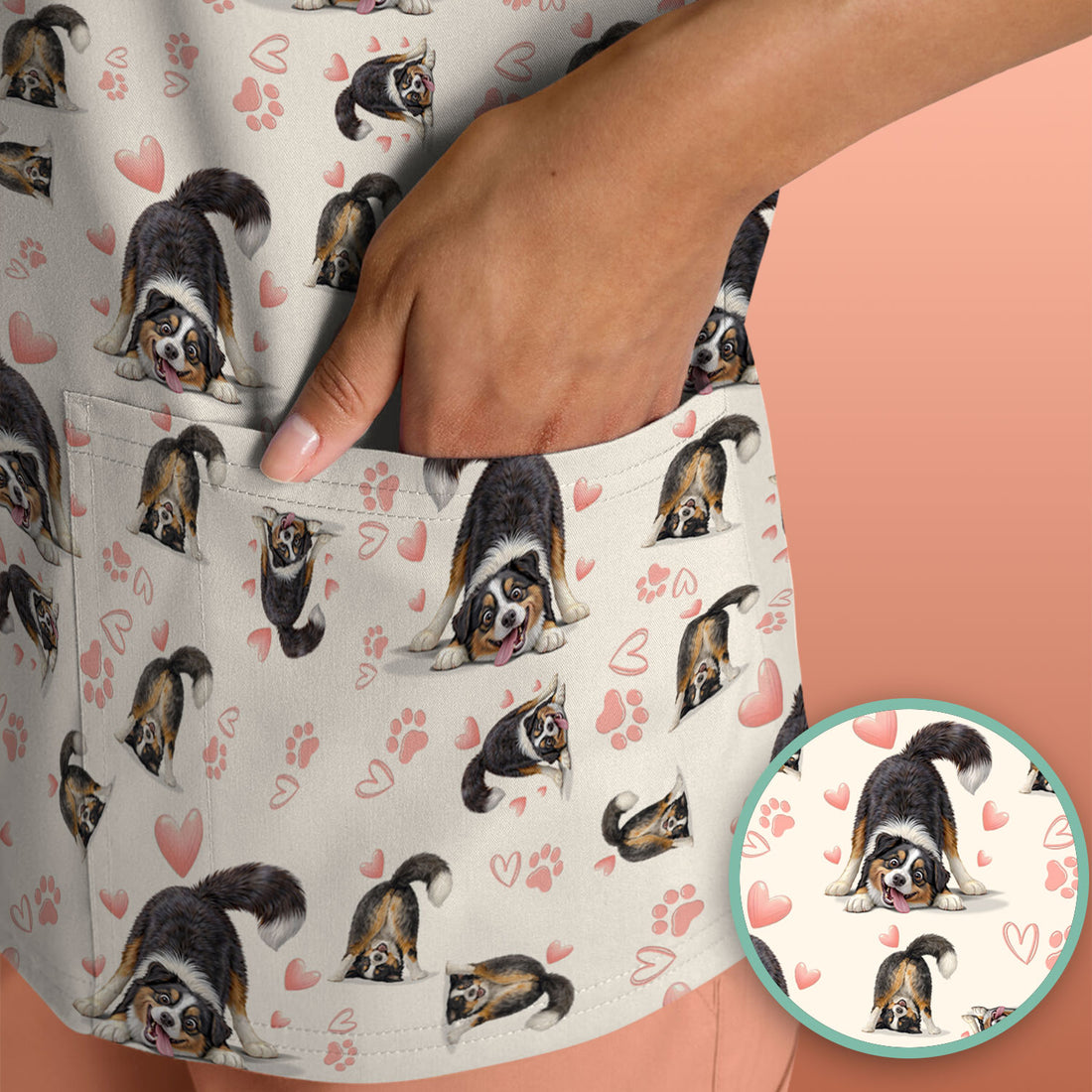 Playful Dog Heart Medical Print Scrub Top, Breathable Fabrics Nursing Uniform