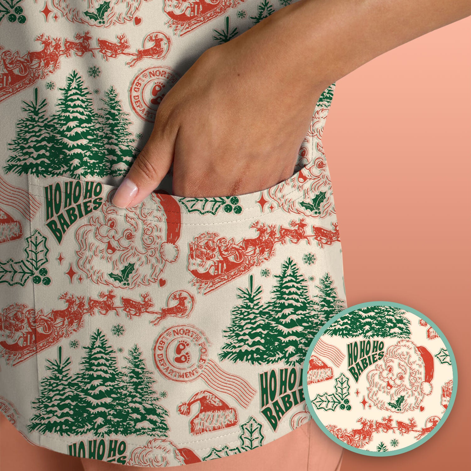 Christmas Santa Scrub Top, Vintage Holiday Nurse Shirt, Festive Medical Uniform For Nursing