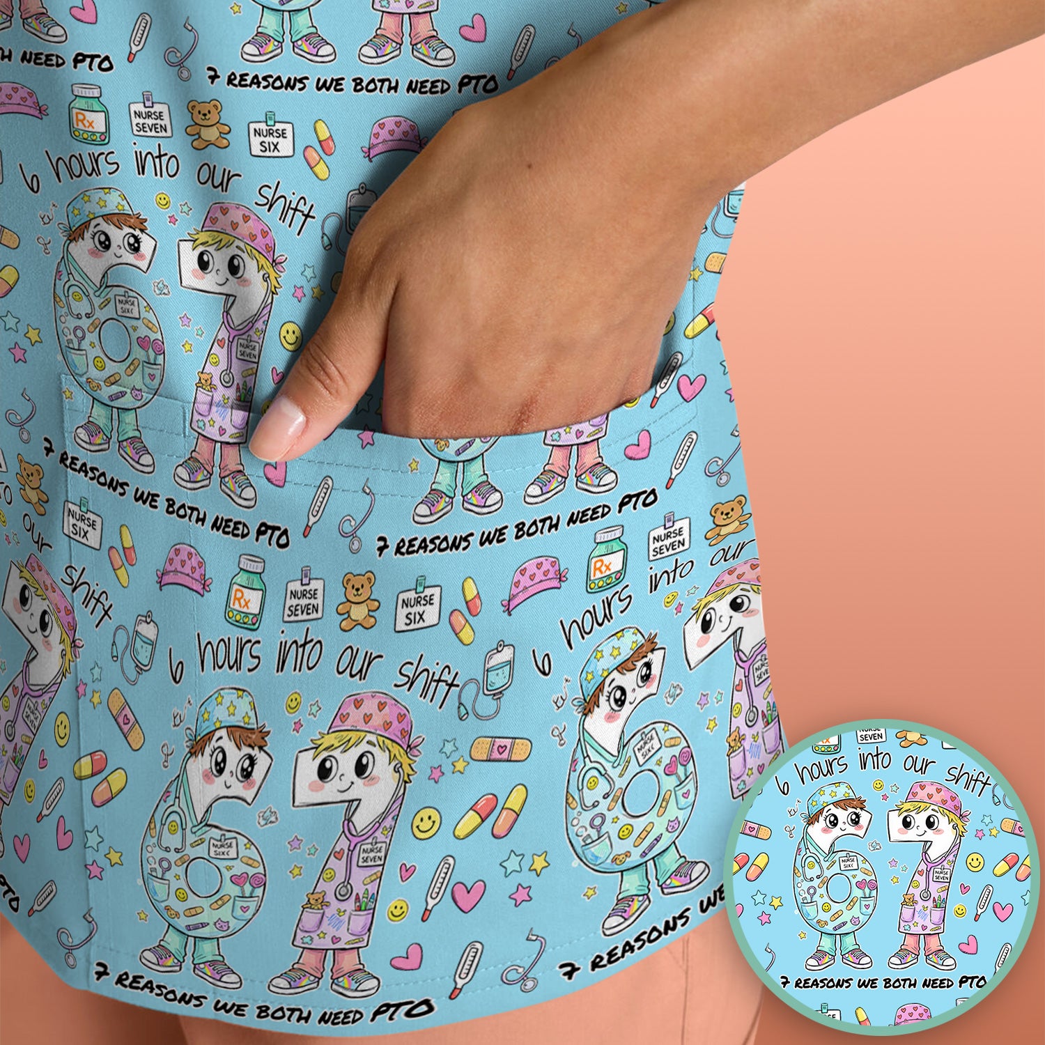 Cartoon Characters Six Hours Into Shift With Medical Doodle Scrub Top, Breathable Fabrics Nursing Uniform