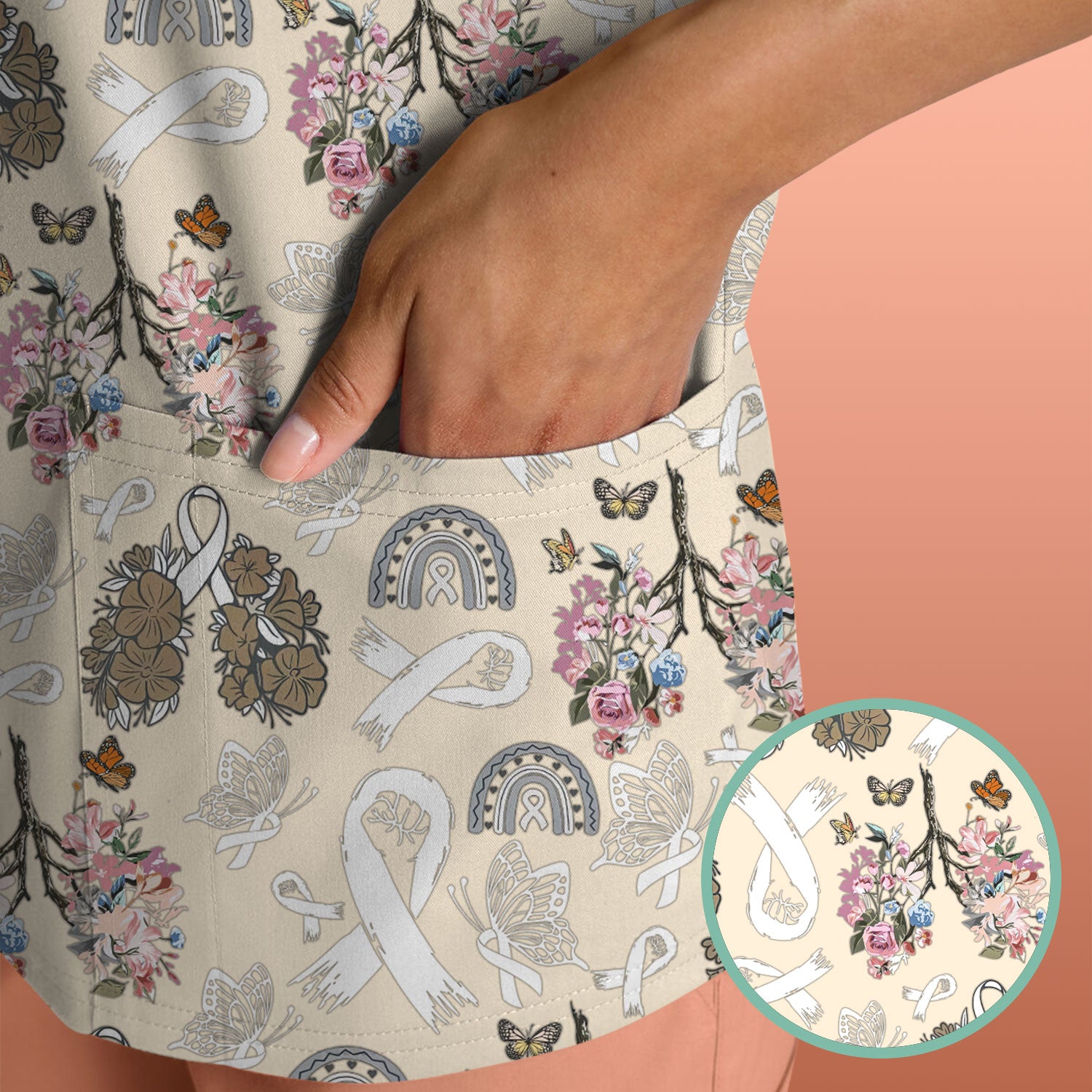 Lung Cancer Awareness Scrub Top for Women - White Ribbon Butterfly Floral Medical Uniform - Comfortable Scrubs for Nurses