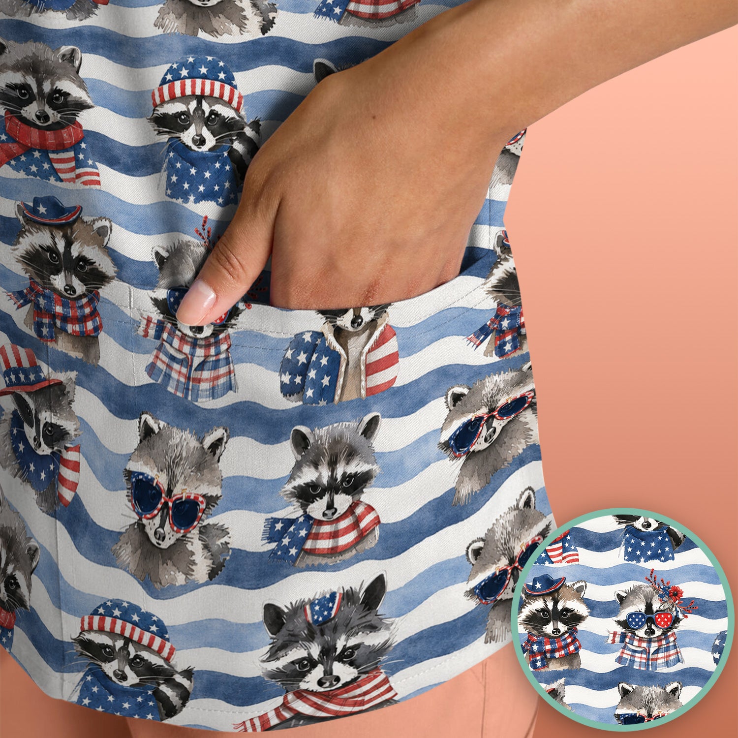 Patriotic Raccoon Watercolor Stripe Pattern Scrub Top, Comfortable Scrubs for Nurses