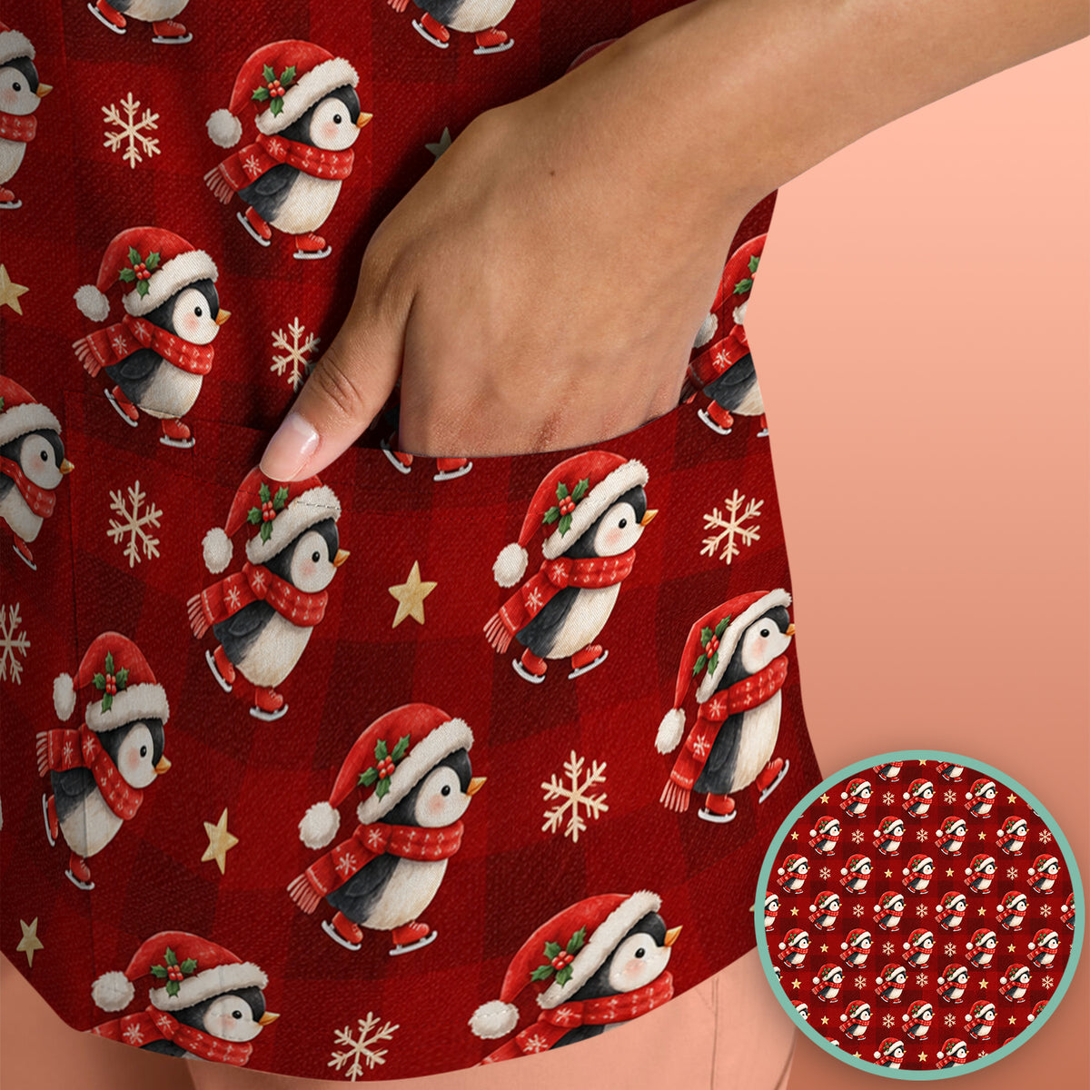 Cute Christmas Ice Skating Penguin Scrub Top, Comfortable Scrubs for Nurses