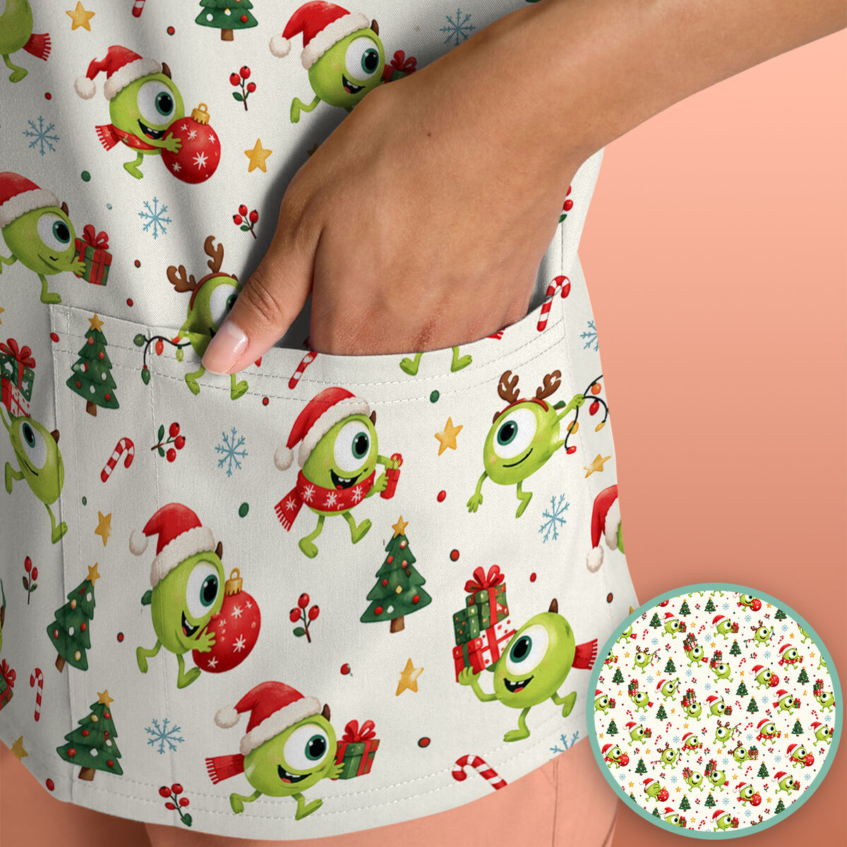 Christmas One Eyed Green Monsters Scrub Top, Comfortable Scrubs for Nurses