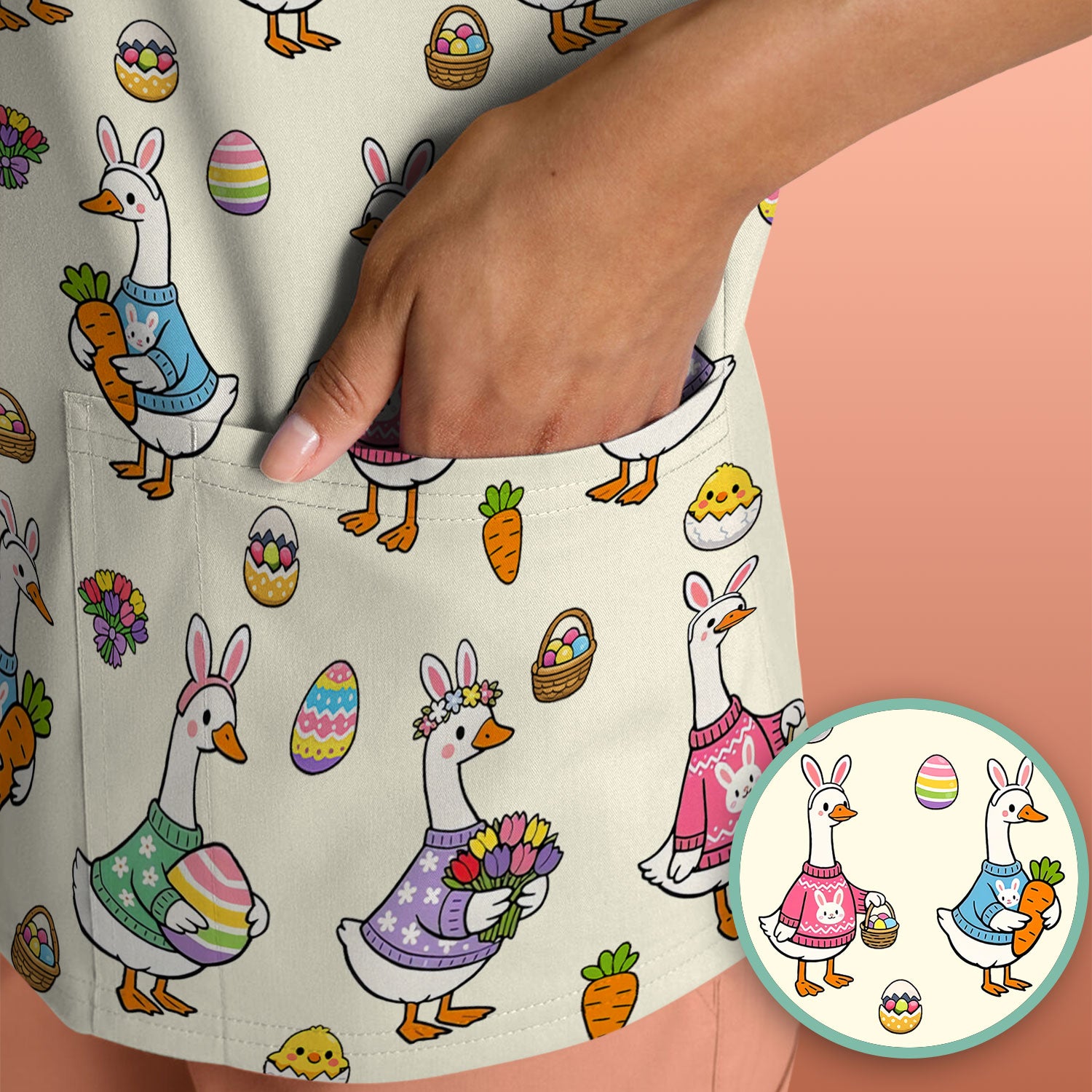 Cute Easter Goose Pattern Scrub Top, Breathable Fabrics Nursing Uniform