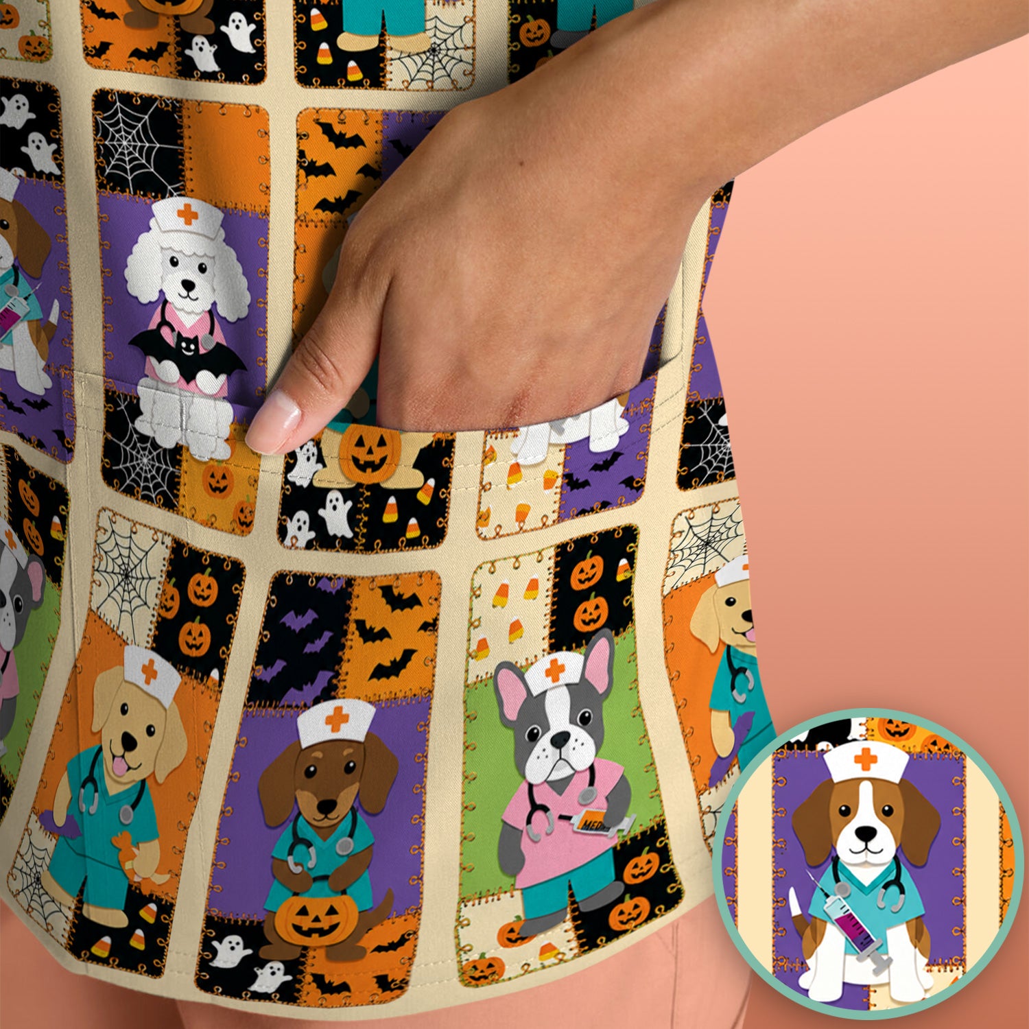 Spooky Halloween Dog Veterinary Scrub Top, Comfortable Scrubs for Nurses