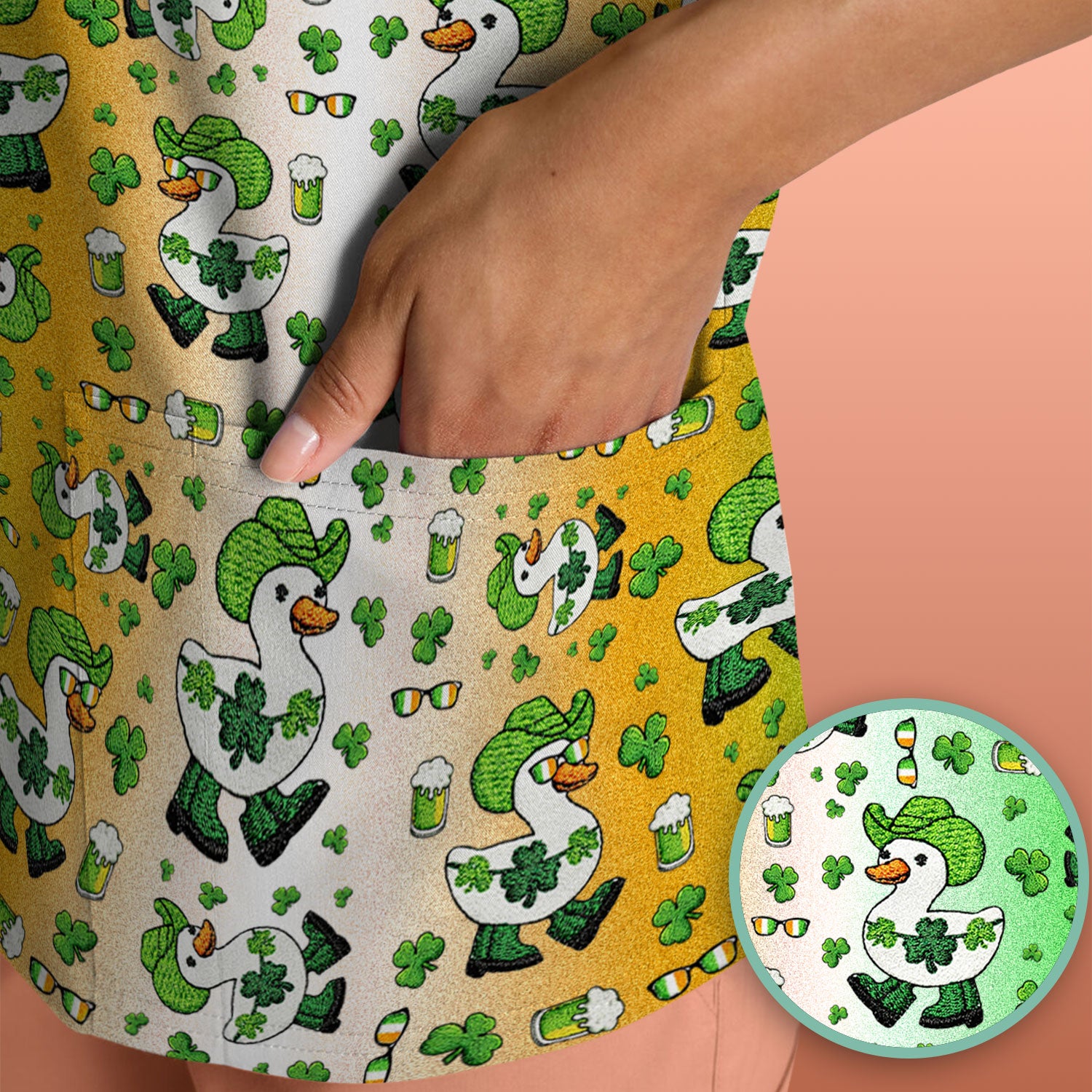 St. Patrick Goose Shamrock Medical Pattern Scrub Top, Breathable Fabrics Nursing Uniform