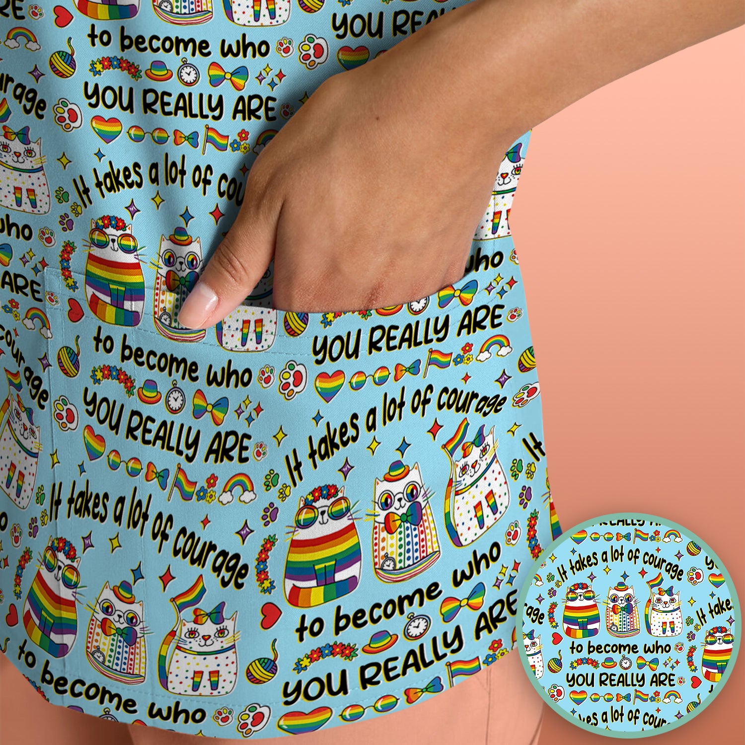 Inspirational Nurse Rainbow Cat Courage Quote Pattern Scrub Top, Breathable Fabrics Nursing Uniform