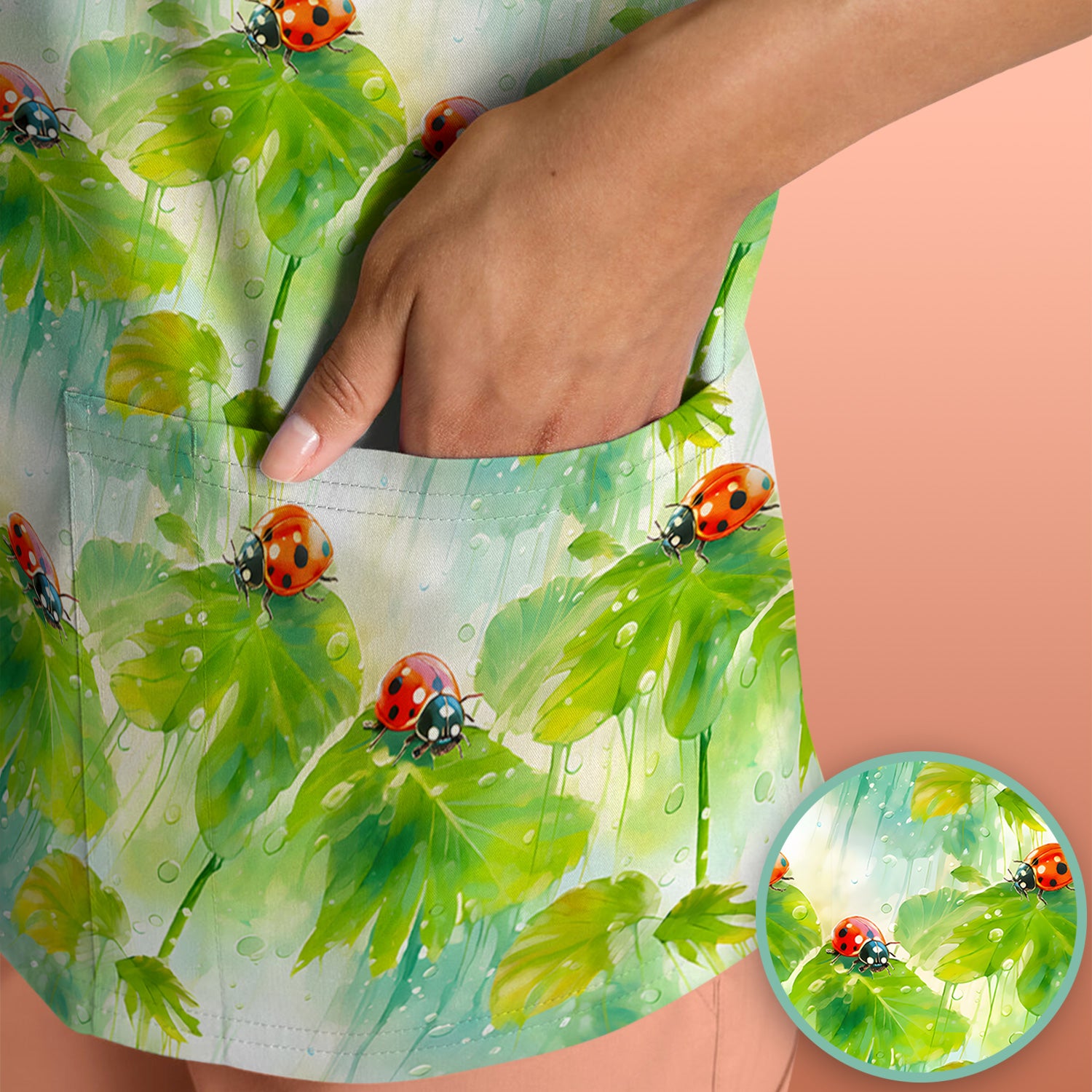 Ladybugs On Rainy Leaves Pattern Scrub Top, Comfortable Scrubs for Nurses