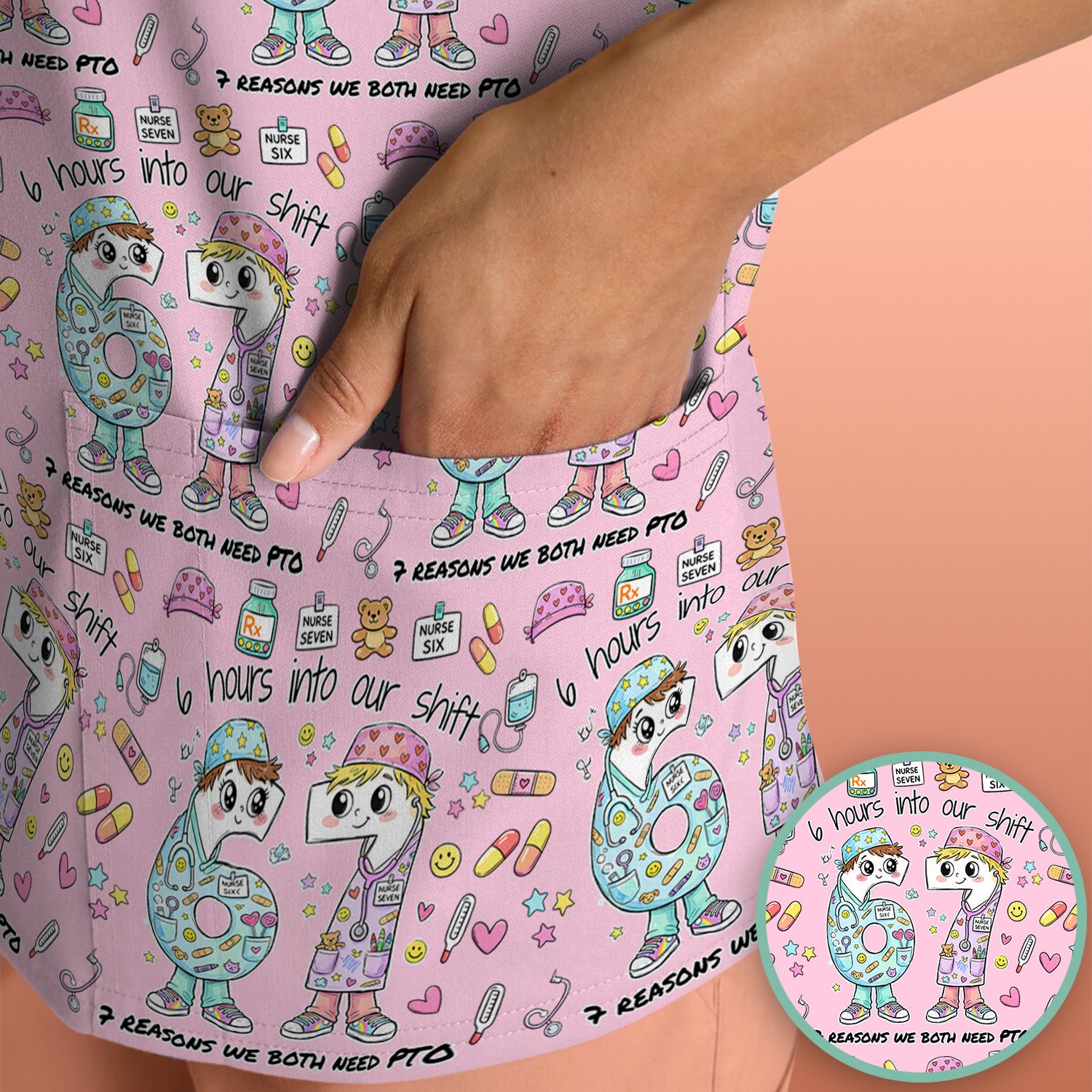 Cartoon Characters Six Hours Into Shift With Medical Doodle Scrub Top, Breathable Fabrics Nursing Uniform
