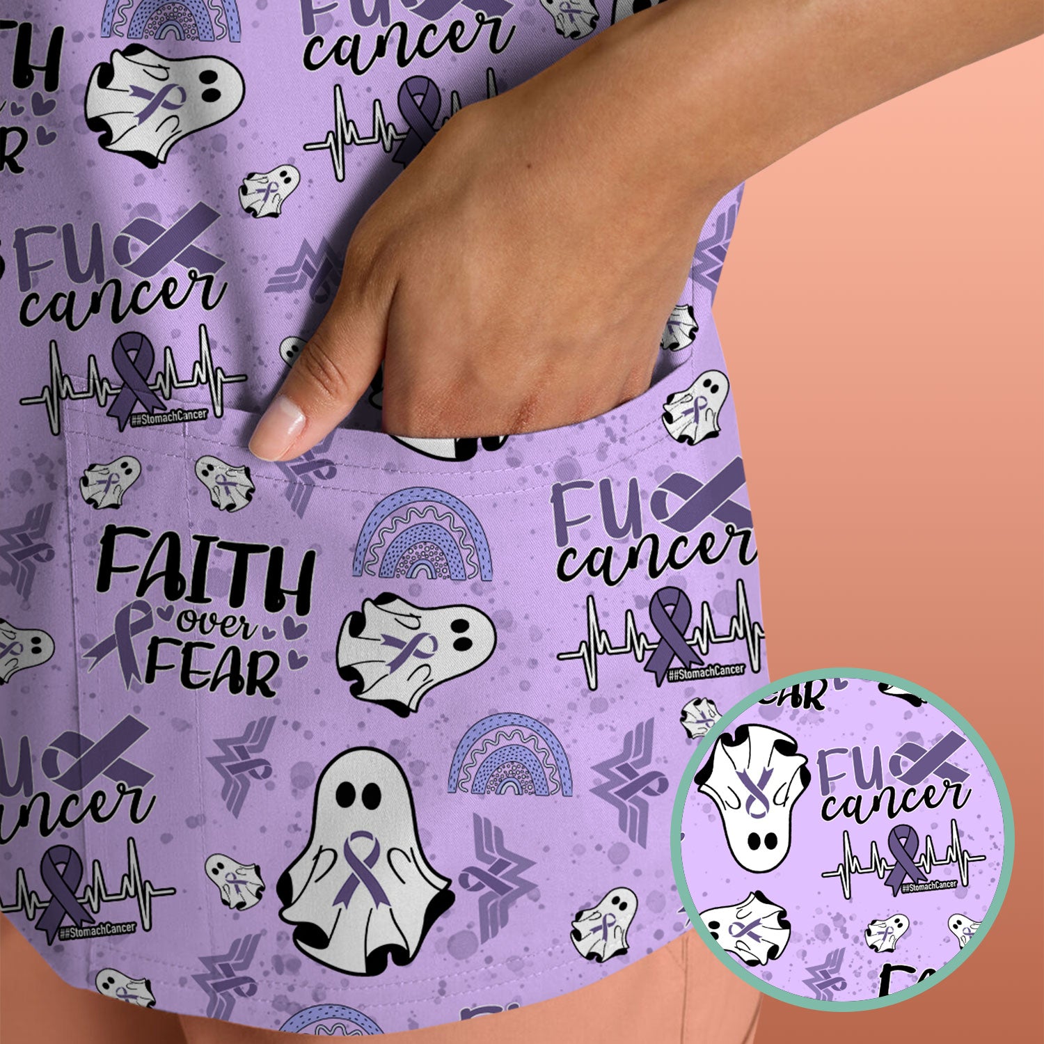 Periwinkle Ribbon Stomach Cancer Scrub Top - Awareness Nurse Shirt - November Warrior Survivor Medical Uniform Gift