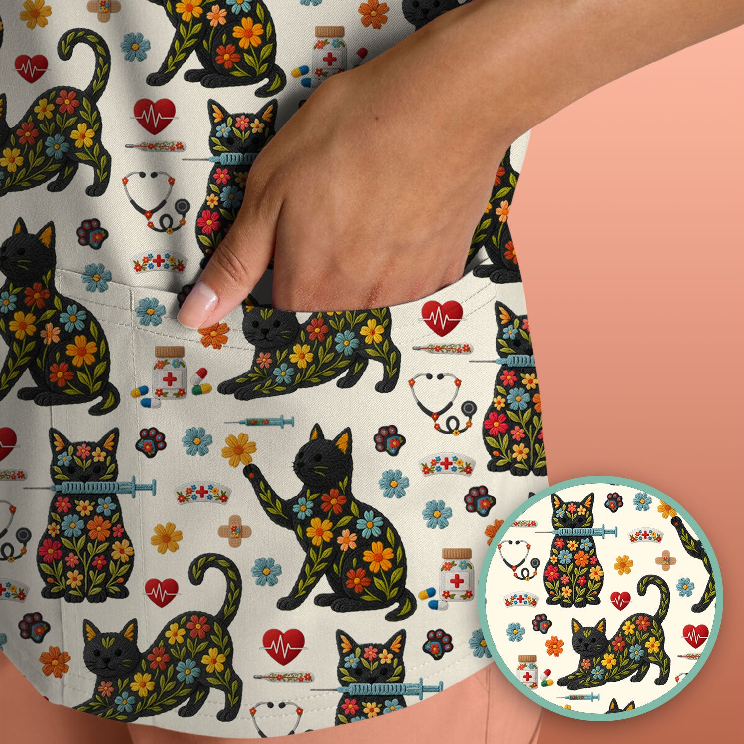 Floral Black Cat Pattern Scrub Top, Cute Cat Nurse Scrub Shirt, Medical Nursing Uniform
