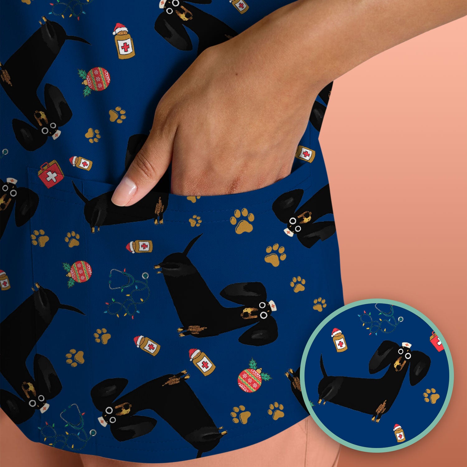 Funny Wiener Dog Scrub Top for Nurses - Cute Black Dachshund Medical Shirt - Dog Lover Nursing Uniform Gift for Women