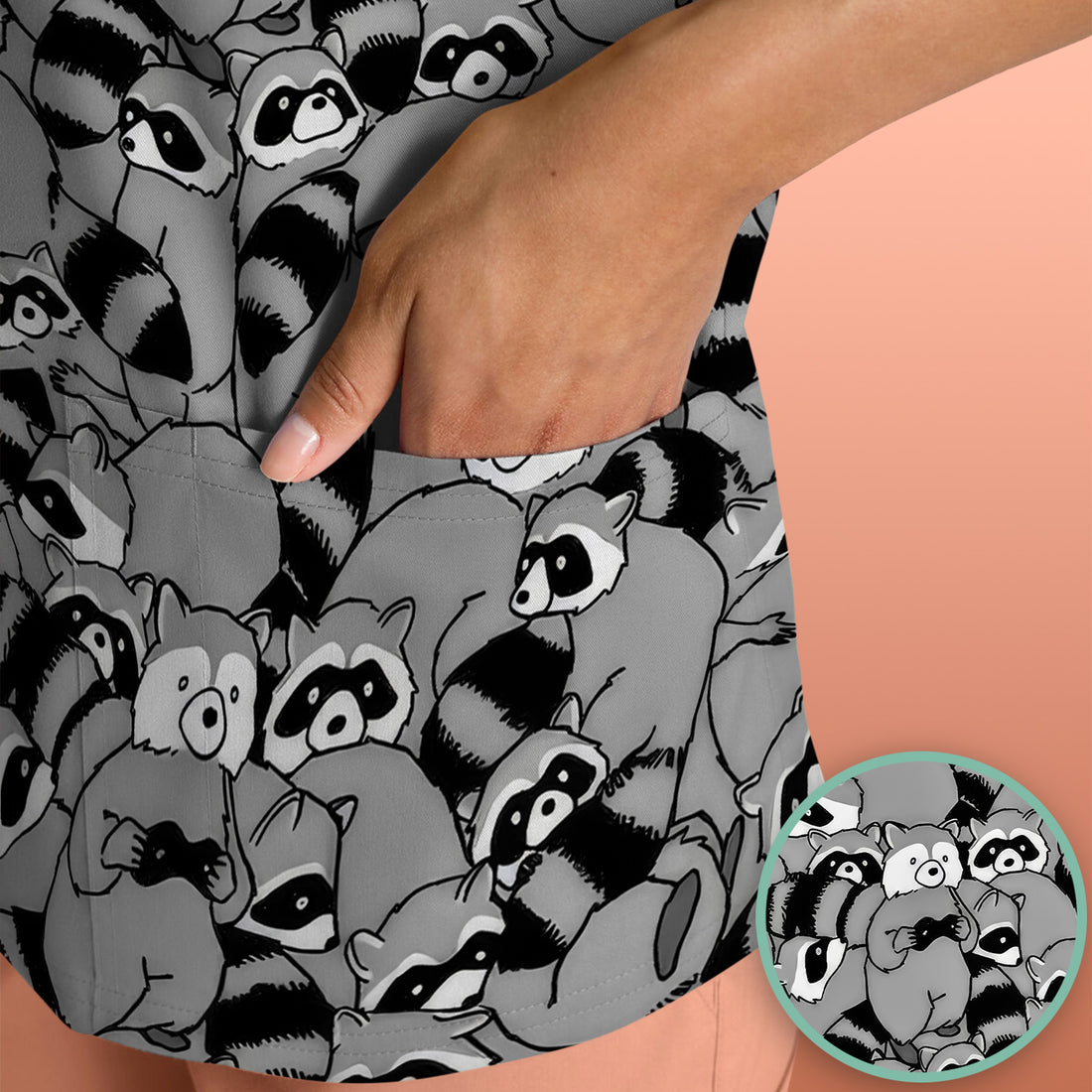 Cute Nurse Raccoon Crowd Pattern Scrub Top, Comfortable Scrubs for Nurses