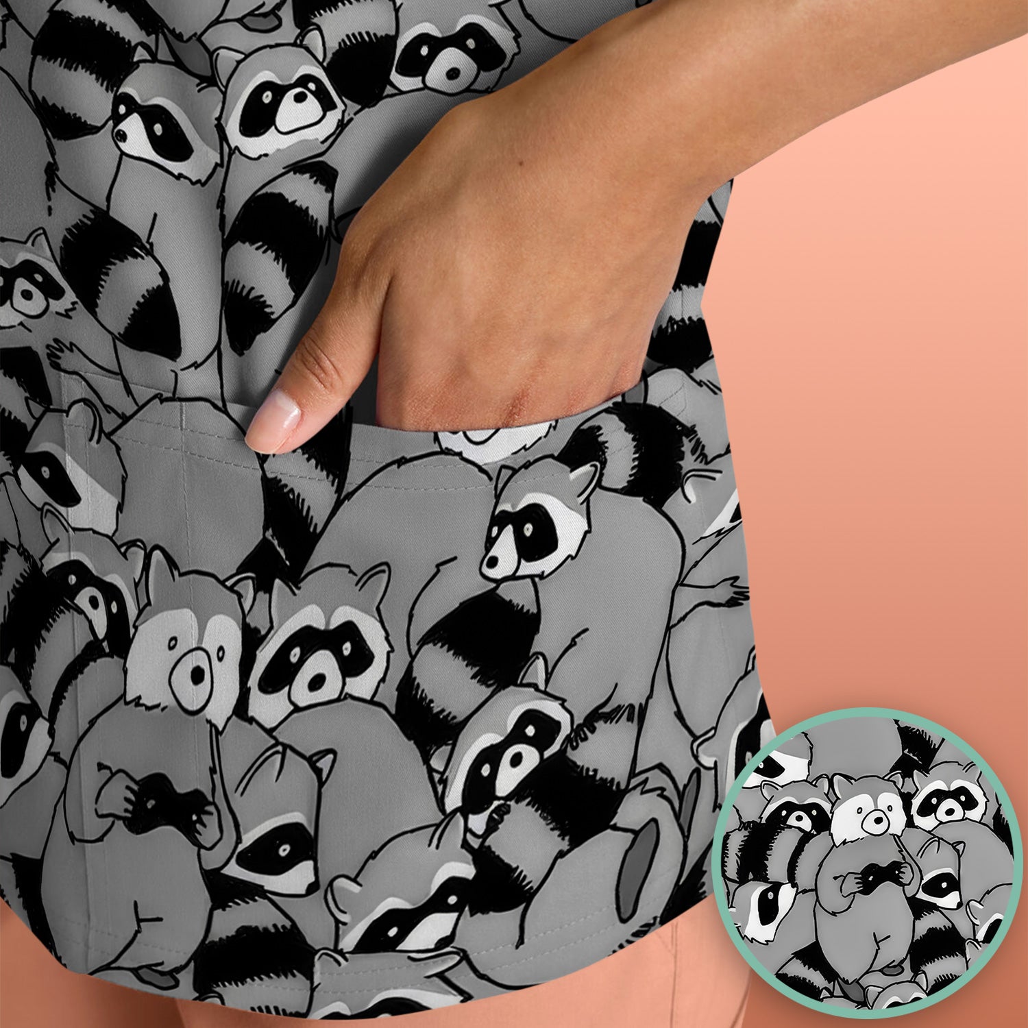 Cute Nurse Raccoon Crowd Pattern Scrub Top, Comfortable Scrubs for Nurses