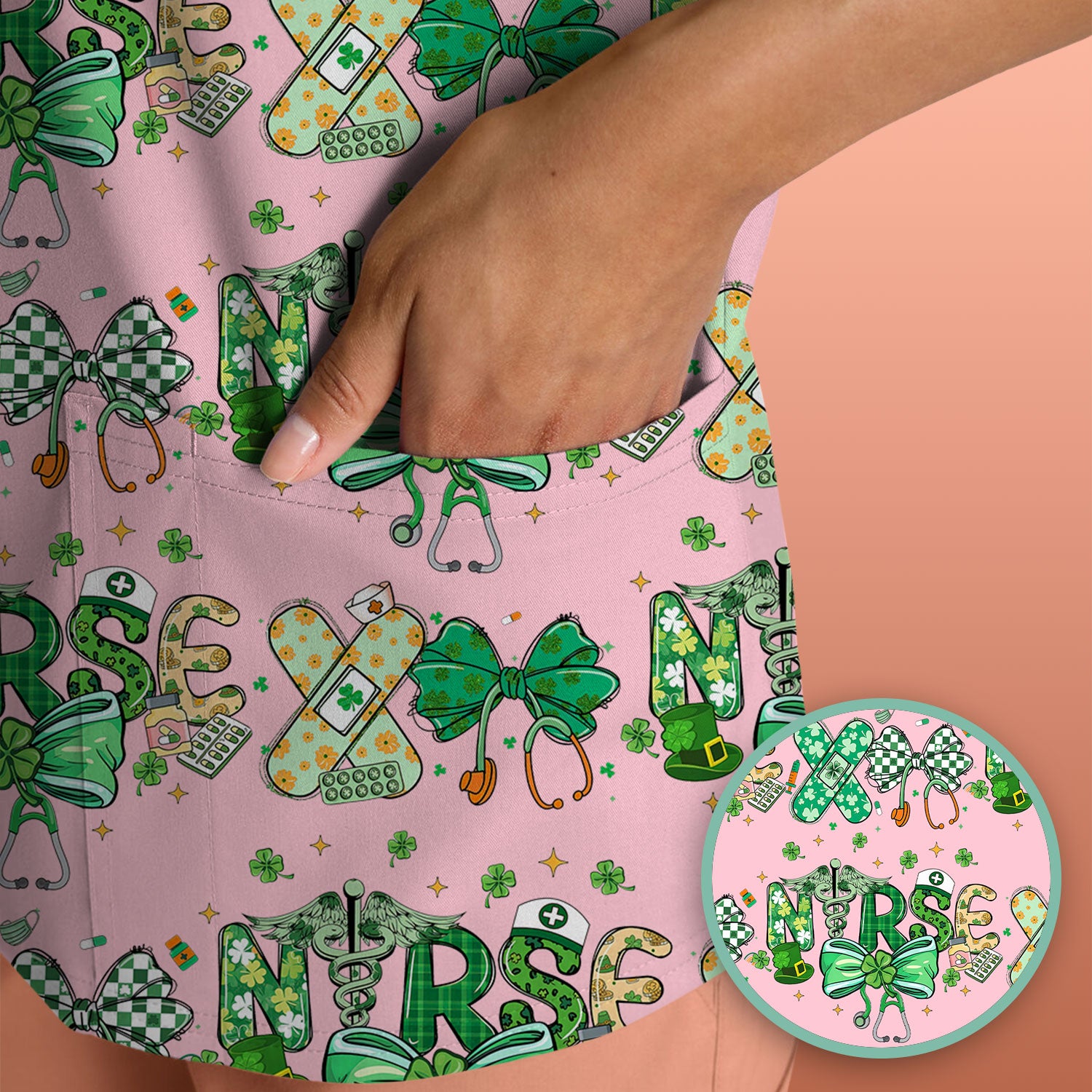 St. Patrick’s Nurse Scrub Top, Lucky Clover And Green Bow Pattern Nurse Shirt, Breathable Fabrics Nursing Uniform
