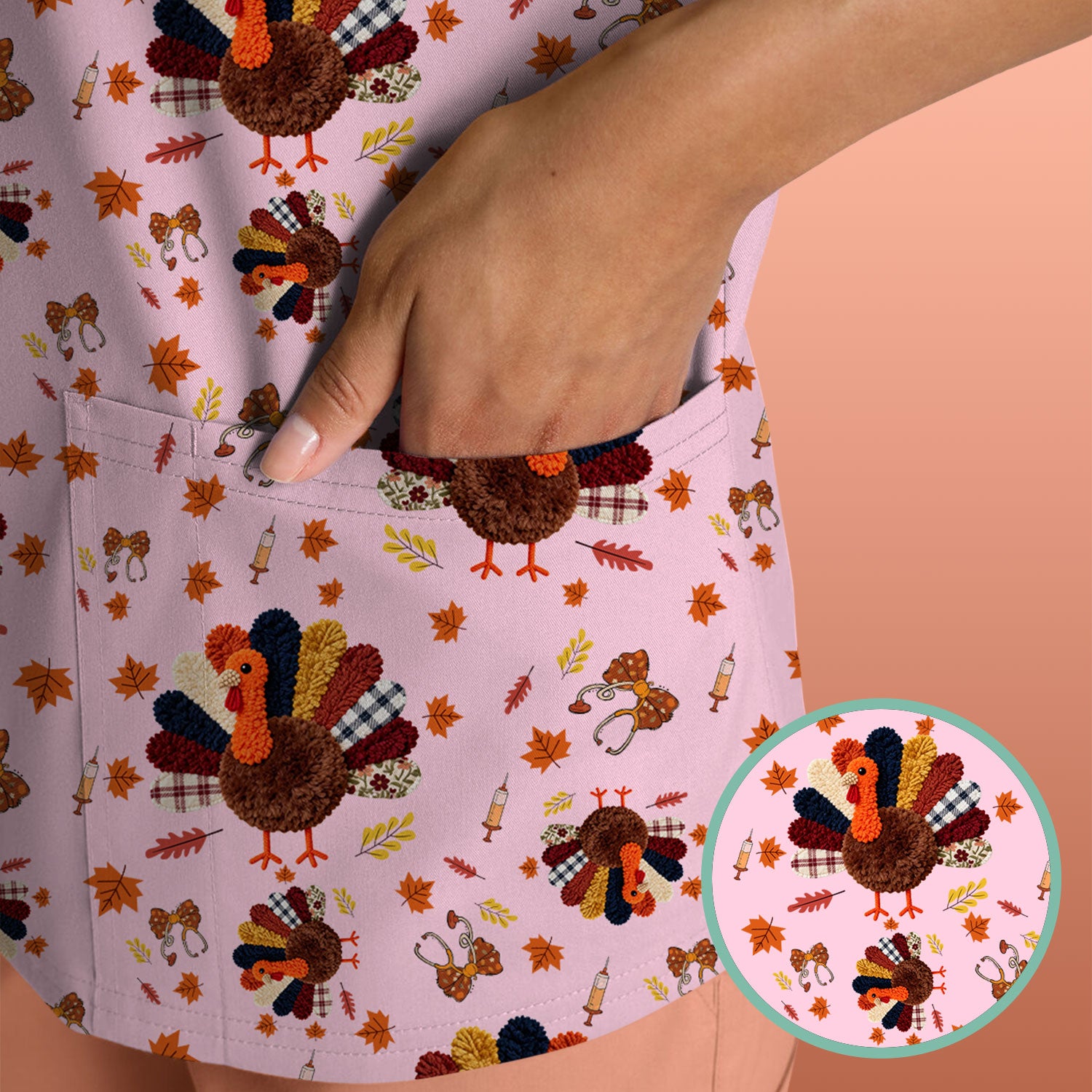Funny Thanksgiving Nurse Scrub Top - Fall Leaves and Pumpkin Shirt - Autumn Turkey Med Uniform Gift for RN CNA LPN