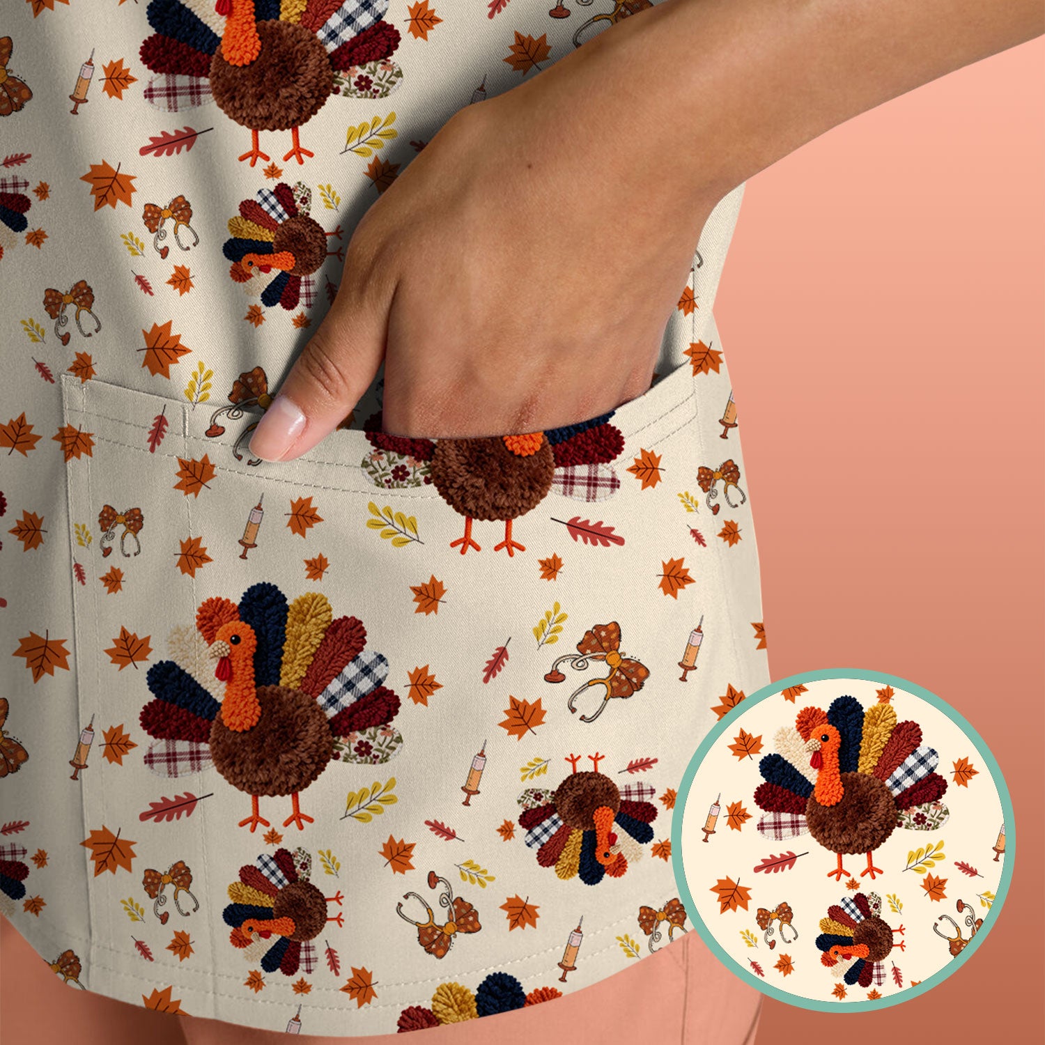 Funny Thanksgiving Nurse Scrub Top - Fall Leaves and Pumpkin Shirt - Autumn Turkey Med Uniform Gift for RN CNA LPN