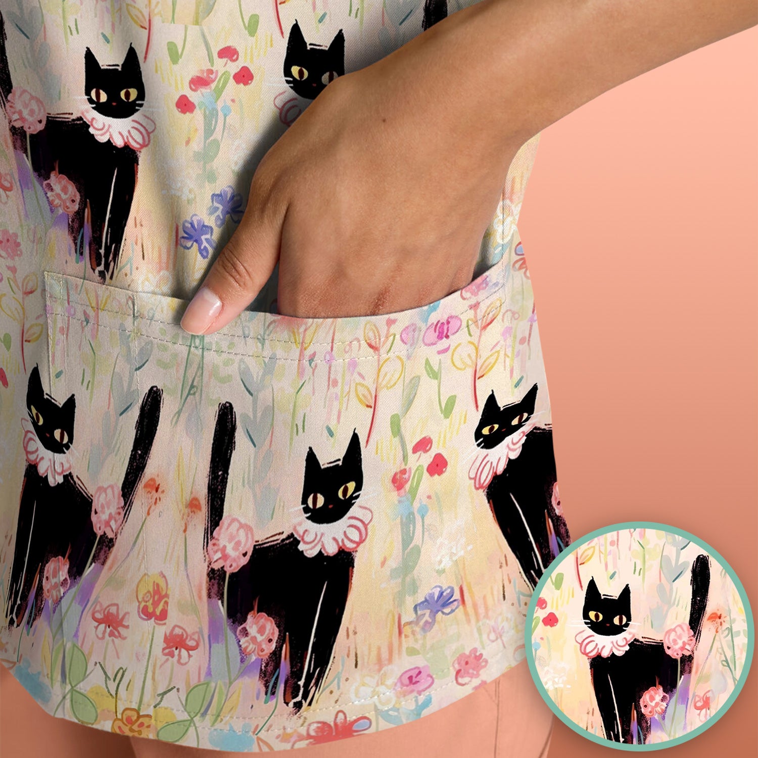 Black Cat Floral Garden Nurse Pattern Scrub Top, Breathable Medical Scrubs
