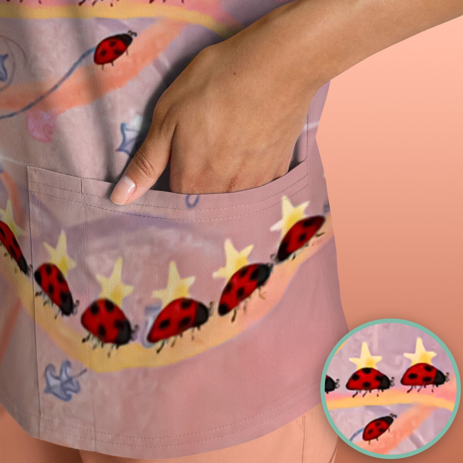 Cute Ladybug Star Vine Swirl Pattern Scrub Top, Comfortable Scrubs for Nurses
