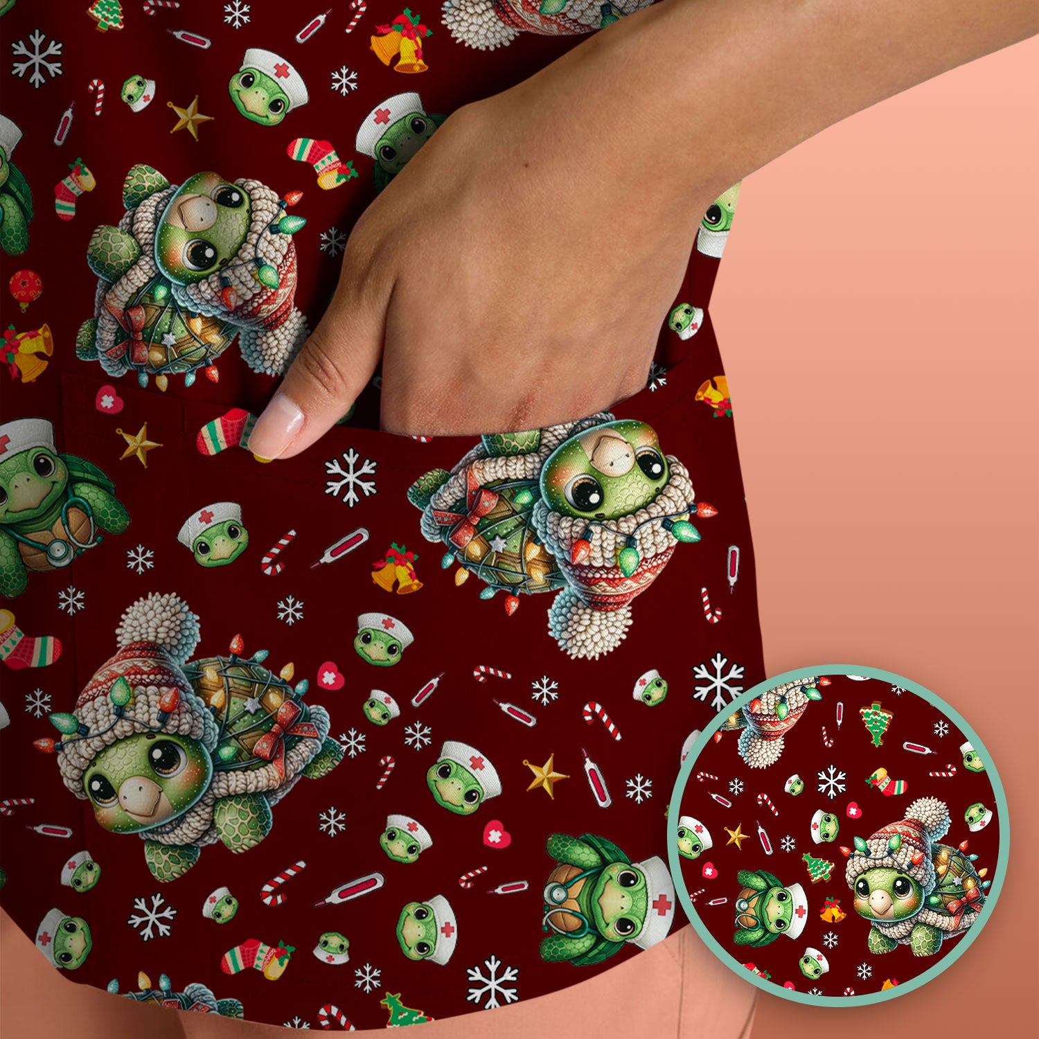 Christmas Turtle Scrub Top - Cute Funny Nurse Shirt - Holiday Medical Uniform for Women RN LPN CNA Gift Idea