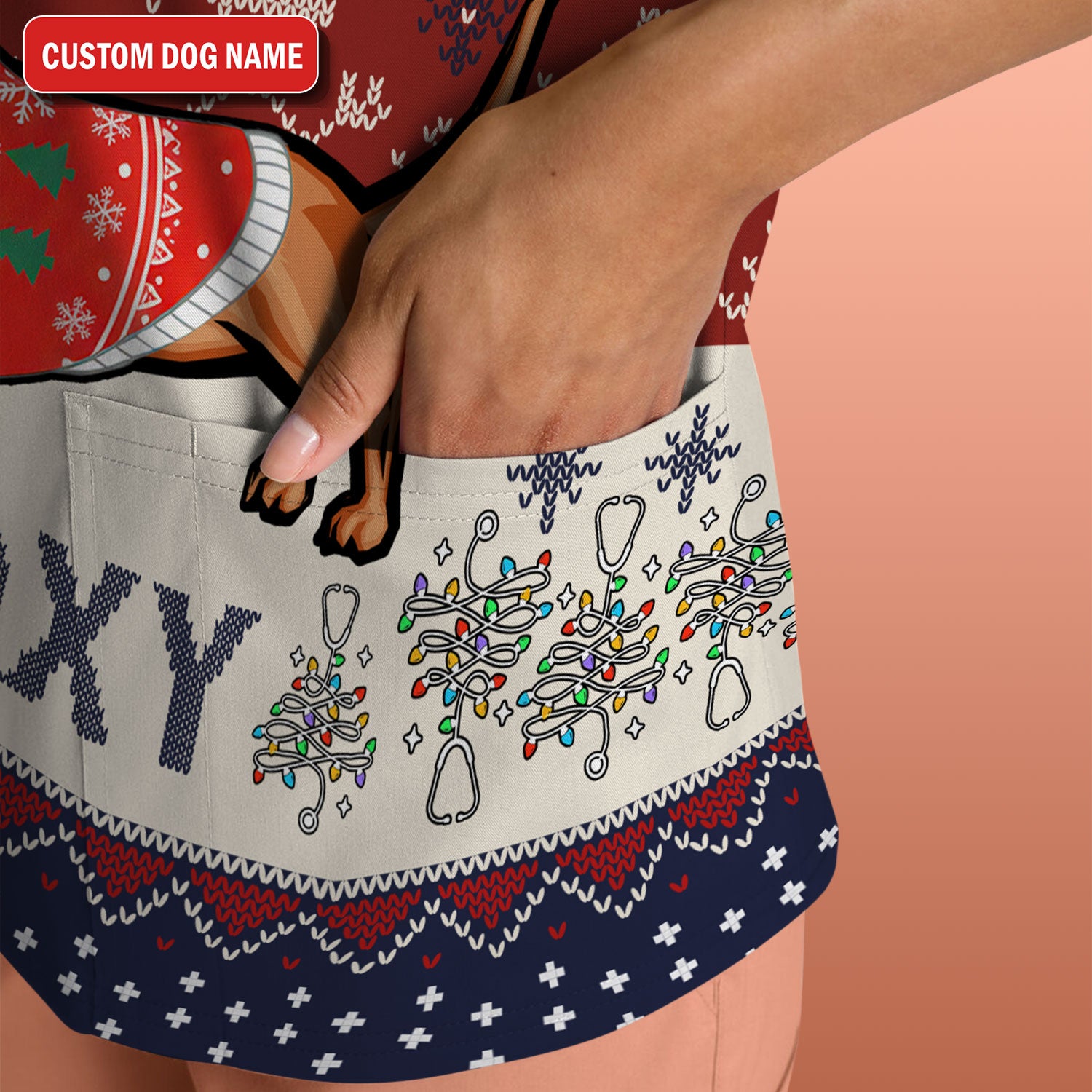 Funny Wiener Dog Christmas Ugly Scrub Top - Custom Name Dachshund Through The Snow - Cute Holiday Medical Uniform