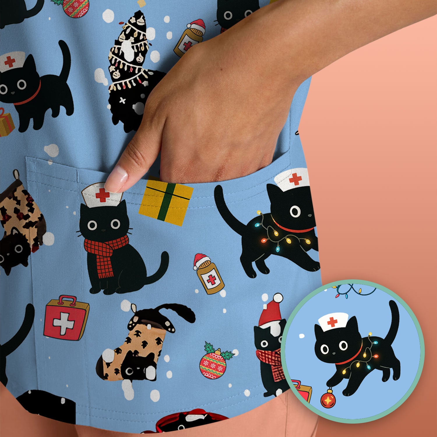 Christmas Cat Scrub Top for Nurse - Funny Black Cats Shirt - Cute Holiday Medical Uniform for Women