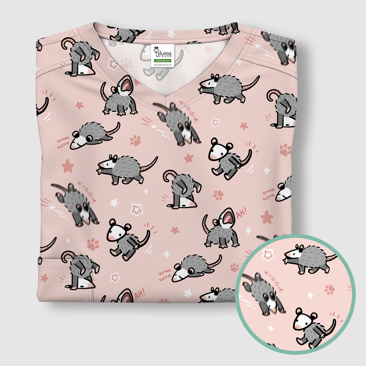 Playful Cartoon Opossum Character Pattern Scrub Top, Breathable Fabrics Nursing Uniform