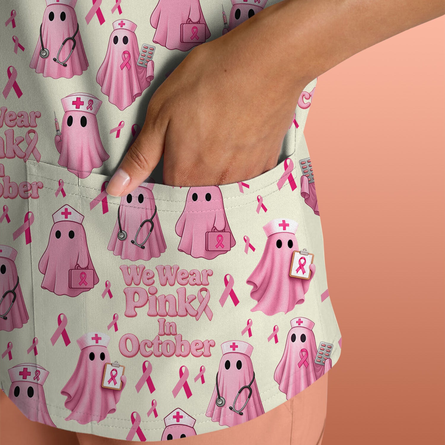 Halloween Breast Cancer Awareness Scrub - We Wear Pink In October & Ghost Nurse Design - October Gift for RN LPN CNA