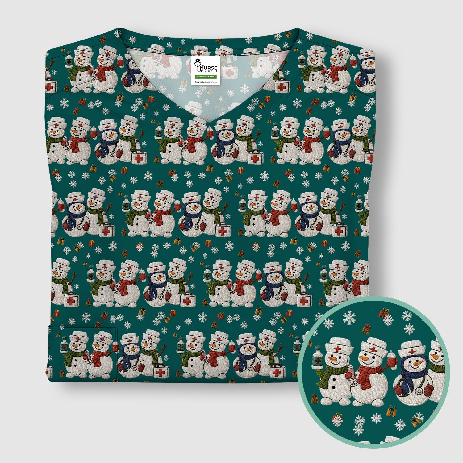 Cute Christmas Snowman Nurse Pattern Scrub Top, Breathable Fabrics Nursing Uniform