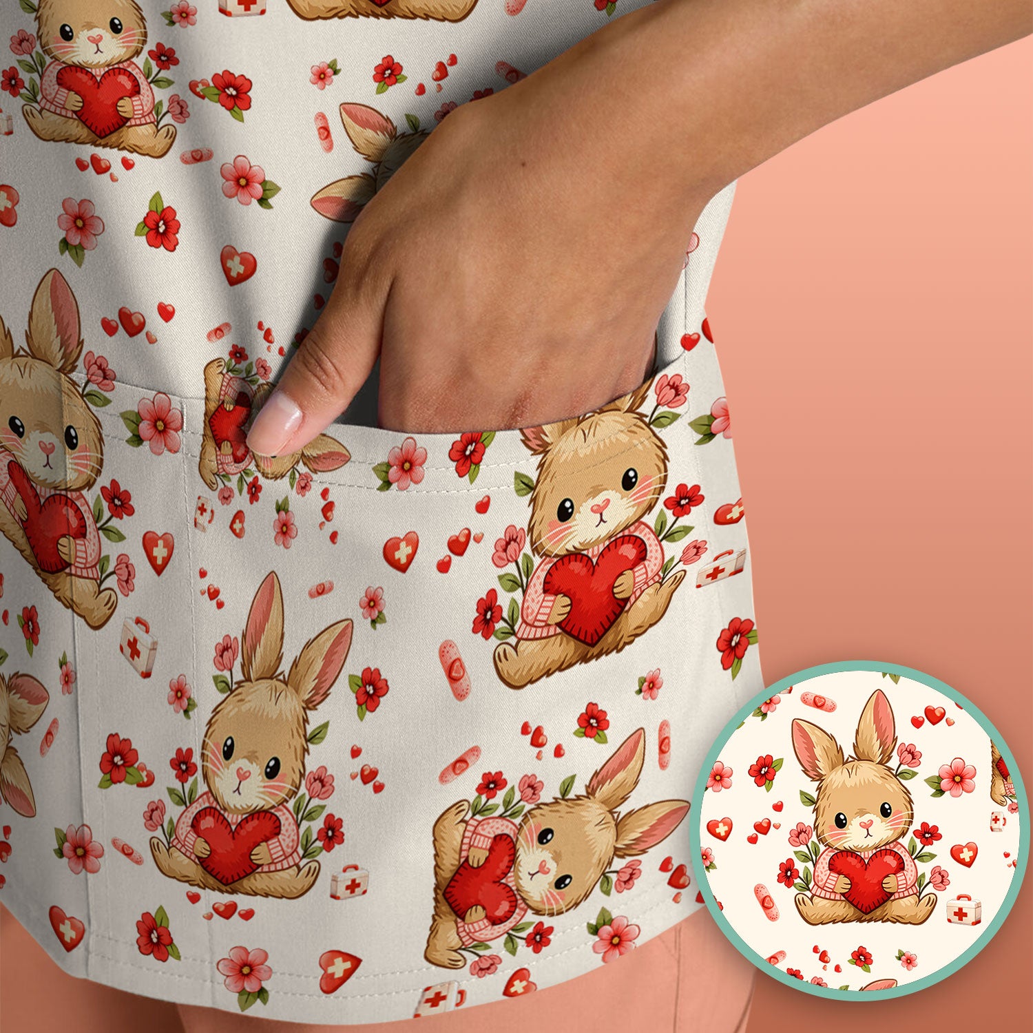 Adorable Bunny Heart Healthcare Design Scrub Top, Comfortable Scrubs for Nurses, Easter
