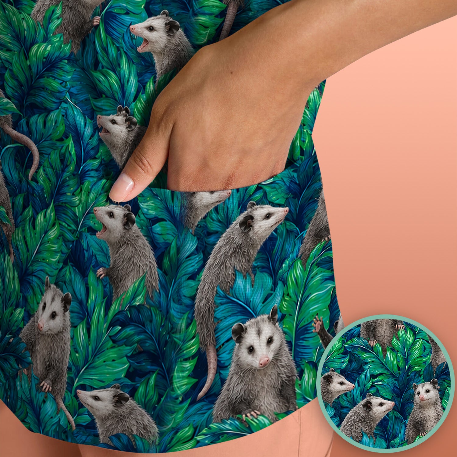 Tropical Opossum Jungle Leaves Pattern Scrub Top, Comfortable Scrubs for Nurses