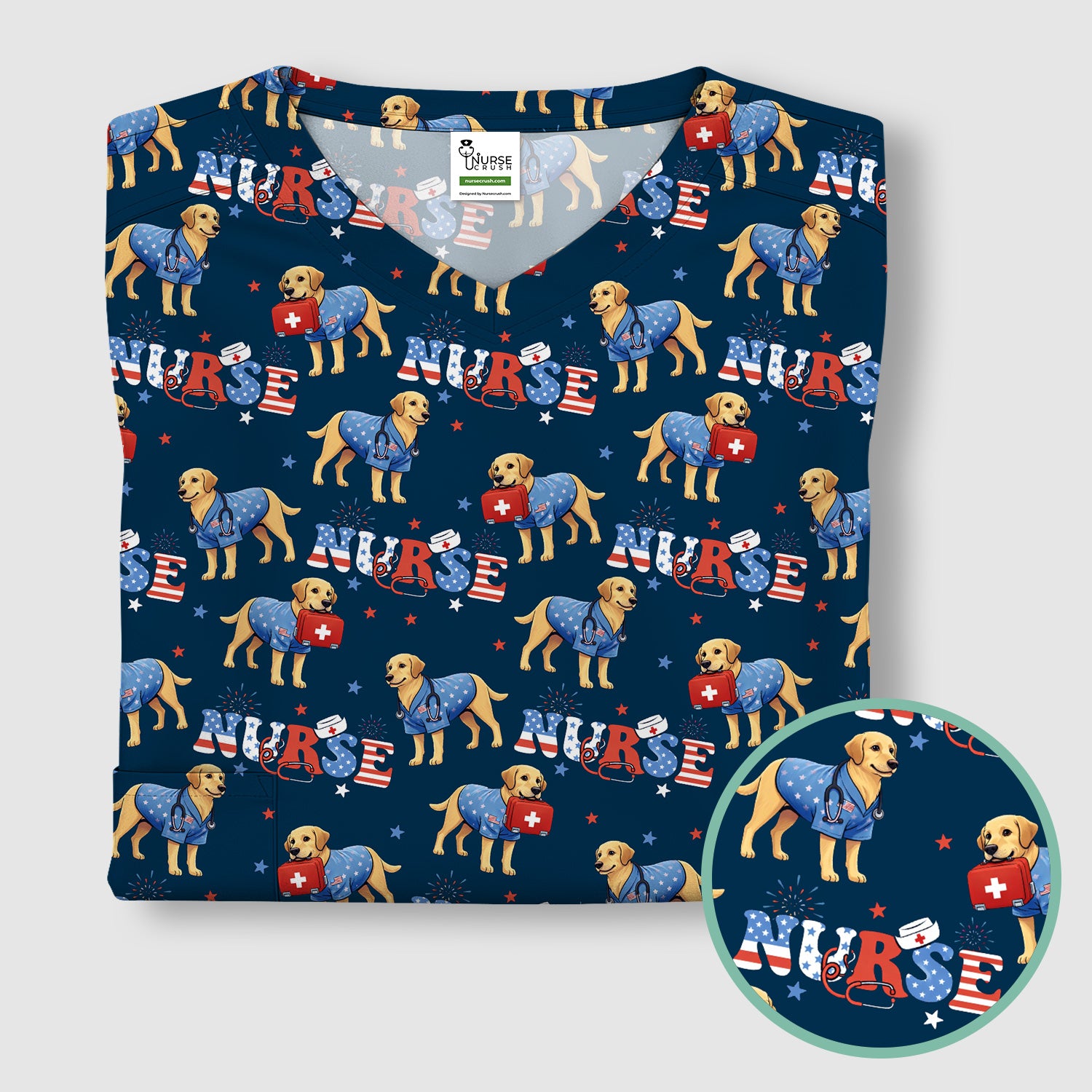 Patriotic Nurse Dog Medical Pattern Scrub Top, Breathable Fabrics Nursing Uniform