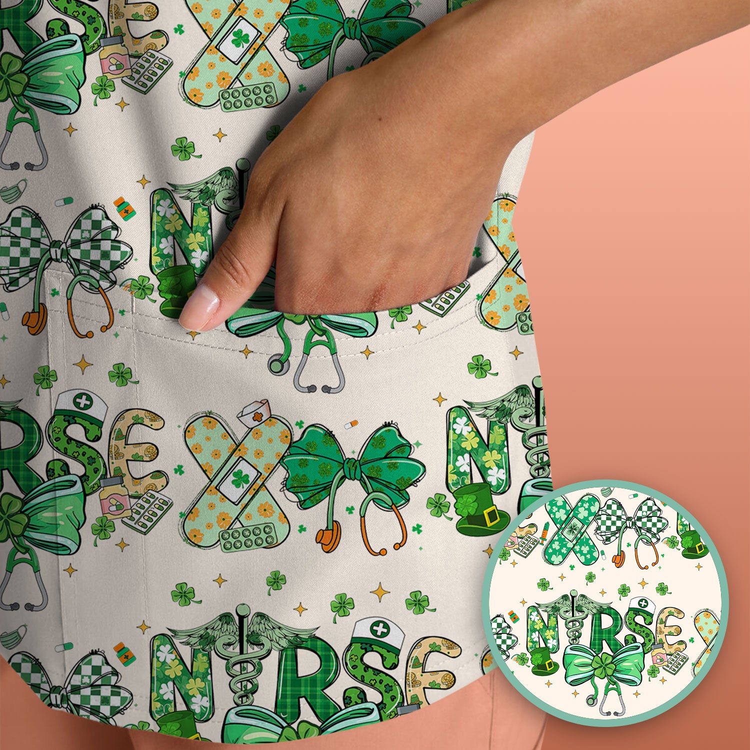 St. Patrick’s Nurse Scrub Top, Lucky Clover And Green Bow Pattern Nurse Shirt, Breathable Fabrics Nursing Uniform