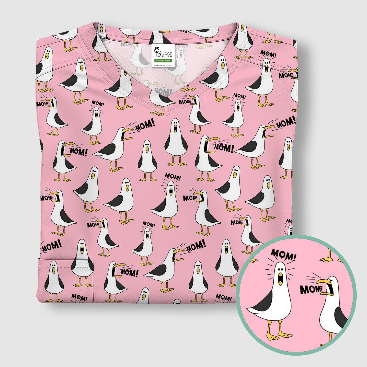 Funny Seagull Mom Seamless Pattern Scrub Top, Comfortable Scrubs for Nurses
