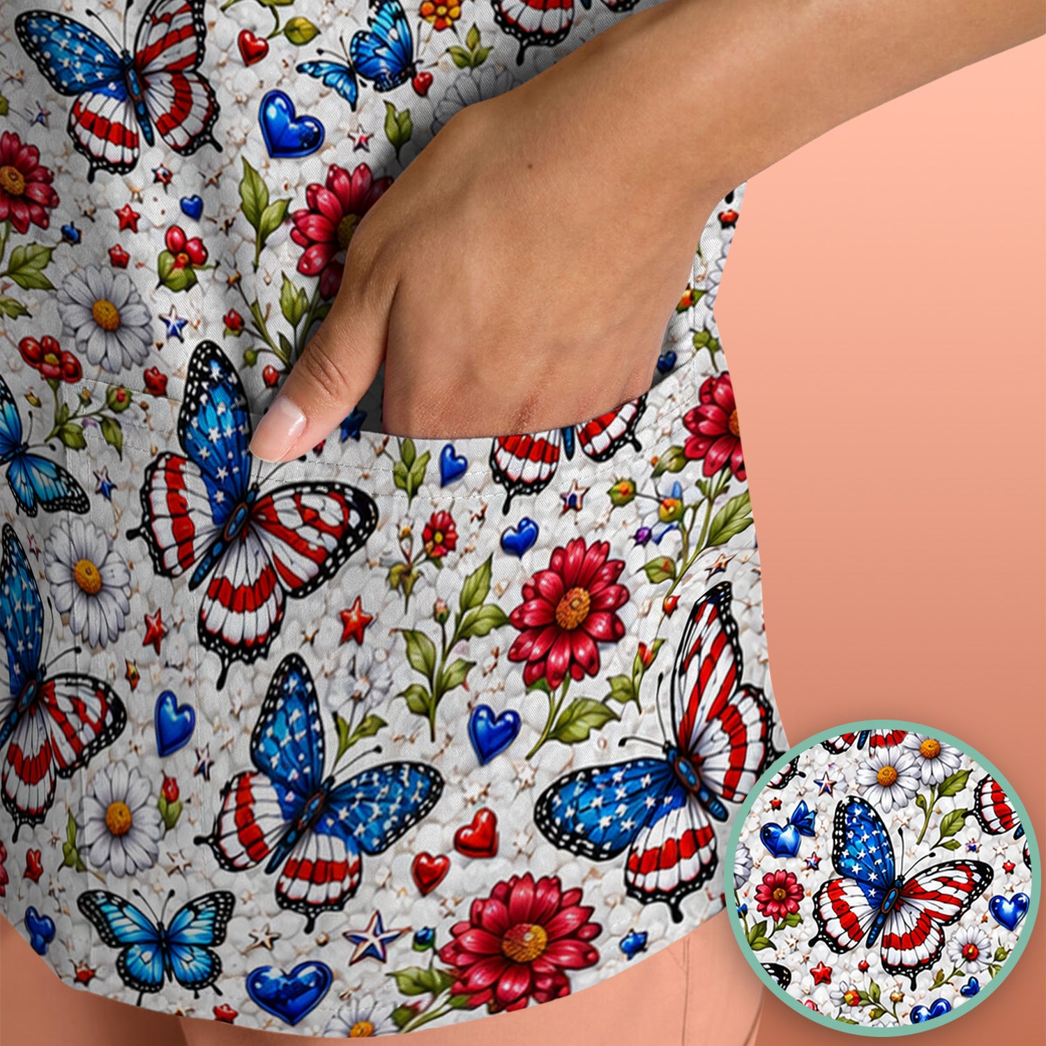 Patriotic Butterfly Daisy Heart Pattern Scrub Top, Comfortable Scrubs for Nurses